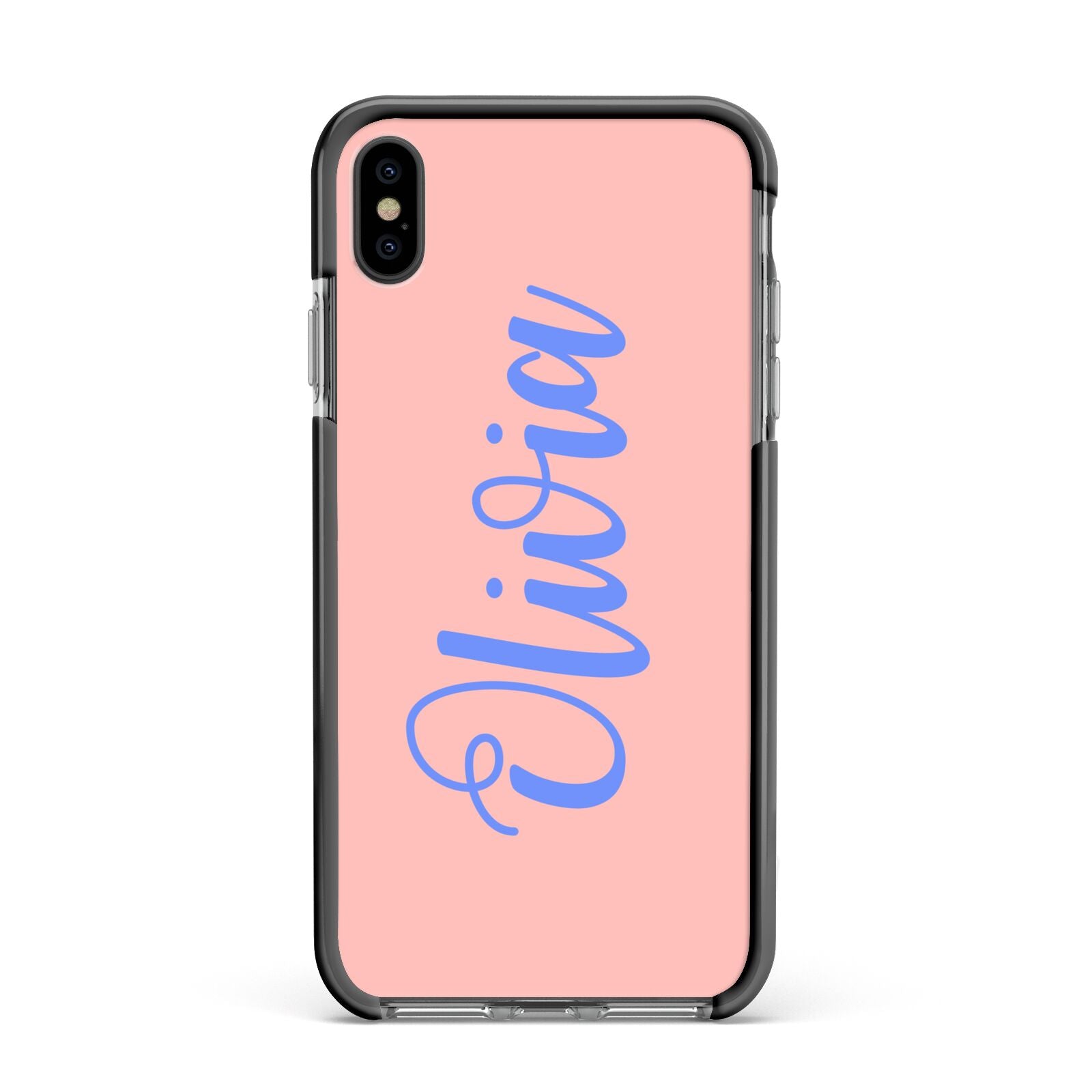 Personalised Pink Blue Name Apple iPhone Xs Max Impact Case Black Edge on Black Phone