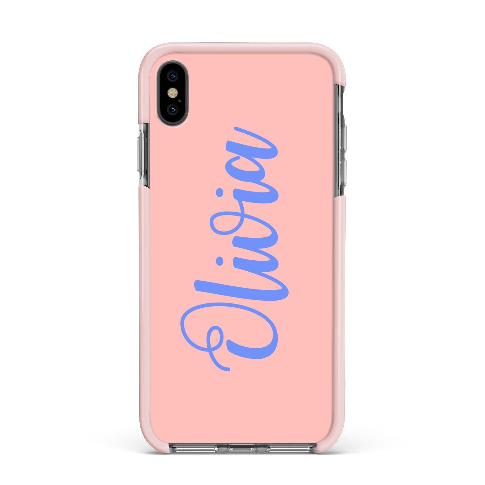 Personalised Pink Blue Name Apple iPhone Xs Max Impact Case Pink Edge on Black Phone