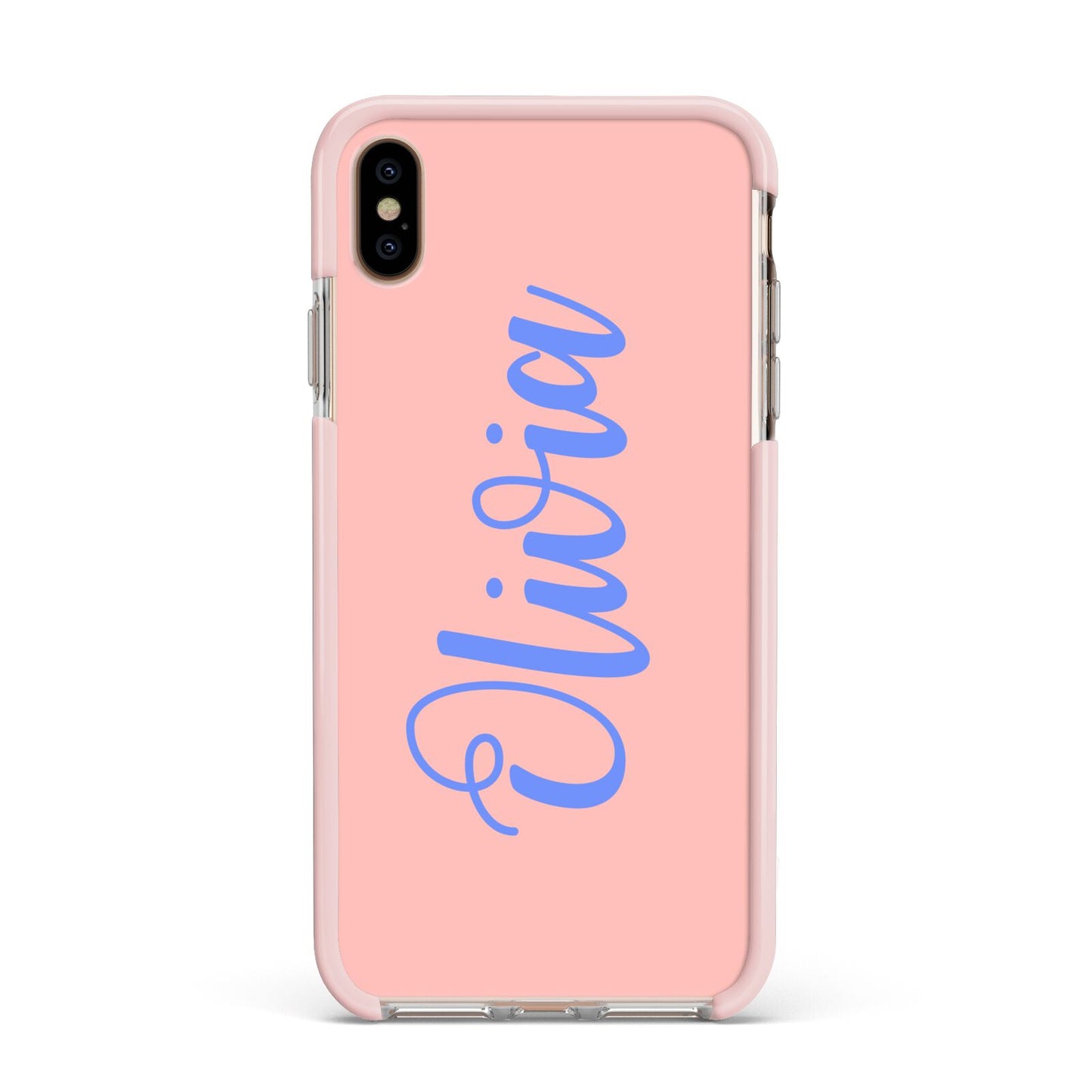 Personalised Pink Blue Name Apple iPhone Xs Max Impact Case Pink Edge on Gold Phone