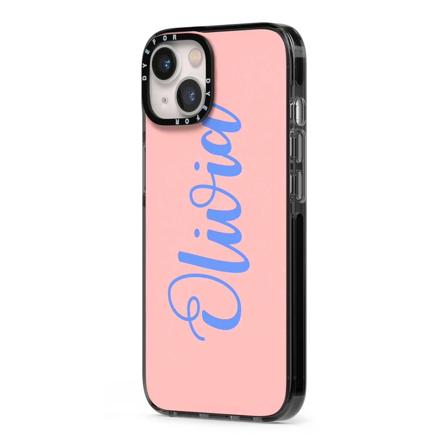 Personalised Pink Blue Name iPhone 13 Black Impact Case Side Angle on Silver phone