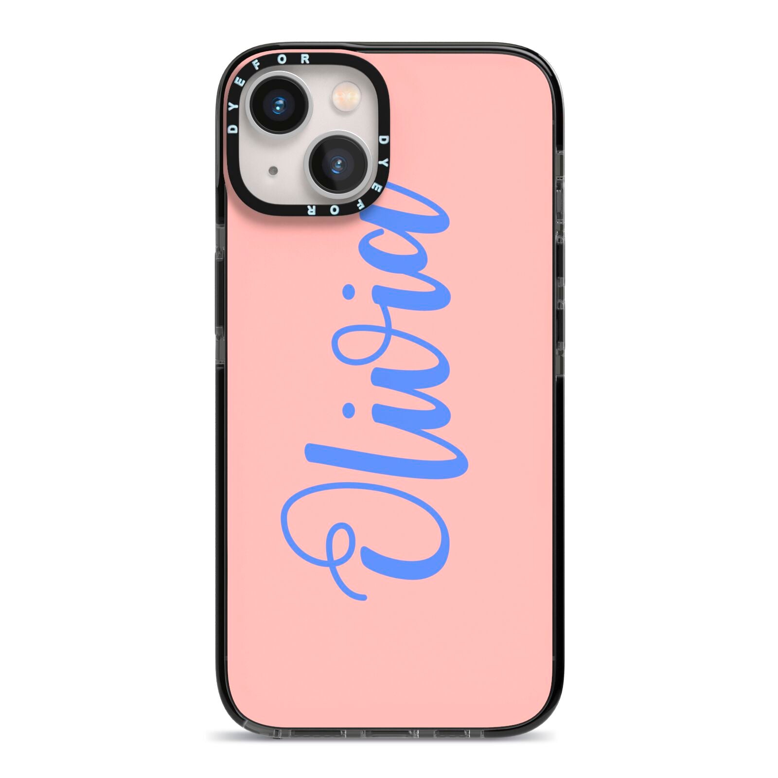 Personalised Pink Blue Name iPhone 13 Black Impact Case on Silver phone