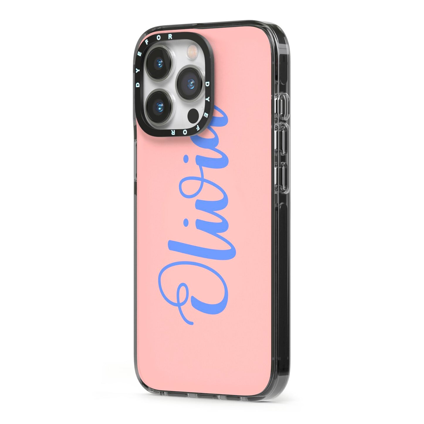 Personalised Pink Blue Name iPhone 13 Pro Black Impact Case Side Angle on Silver phone