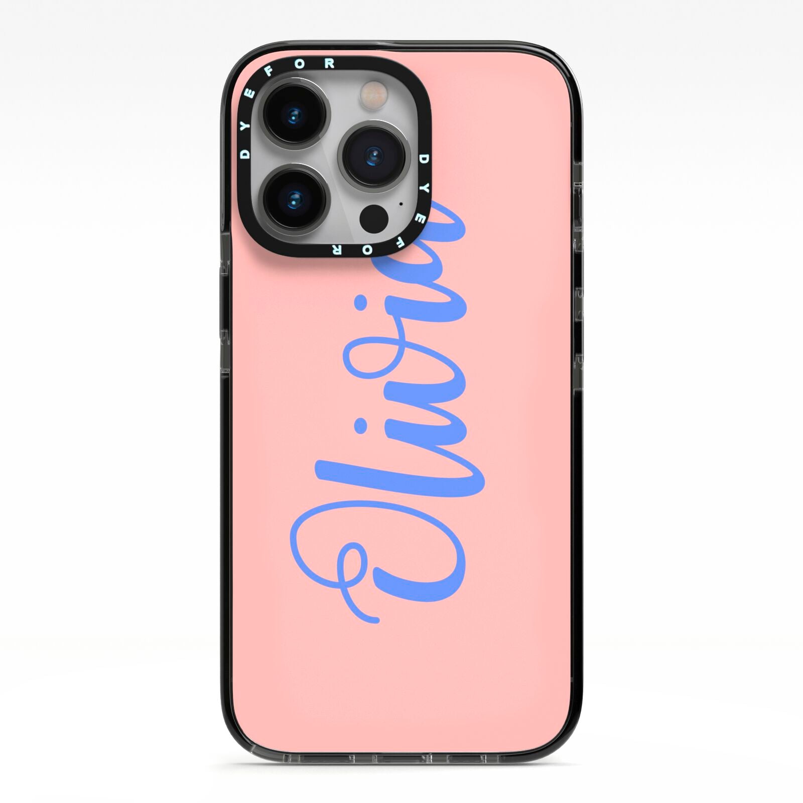 Personalised Pink Blue Name iPhone 13 Pro Black Impact Case on Silver phone