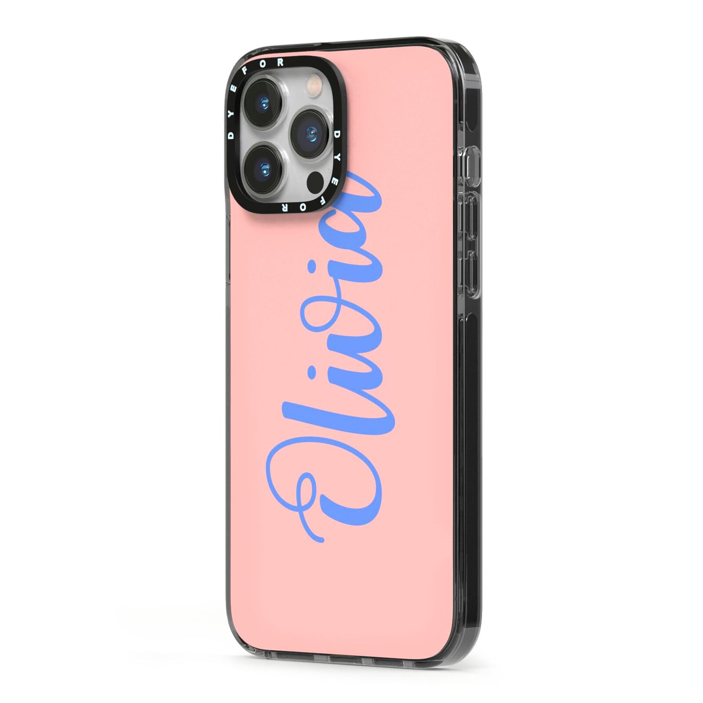 Personalised Pink Blue Name iPhone 13 Pro Max Black Impact Case Side Angle on Silver phone