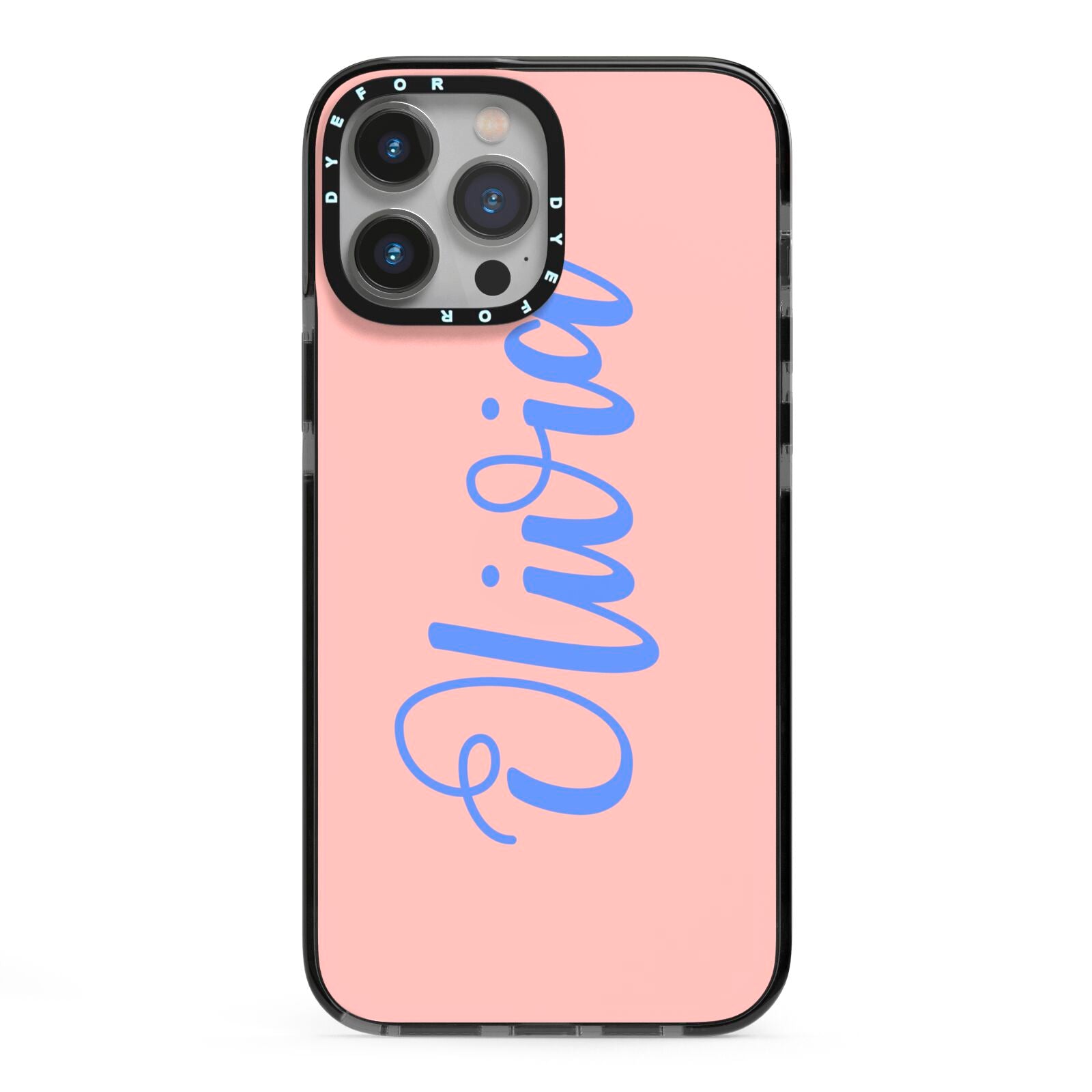 Personalised Pink Blue Name iPhone 13 Pro Max Black Impact Case on Silver phone