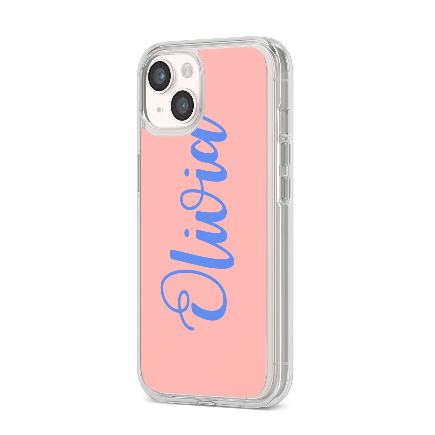 Personalised Pink Blue Name iPhone 14 Clear Tough Case Starlight Angled Image