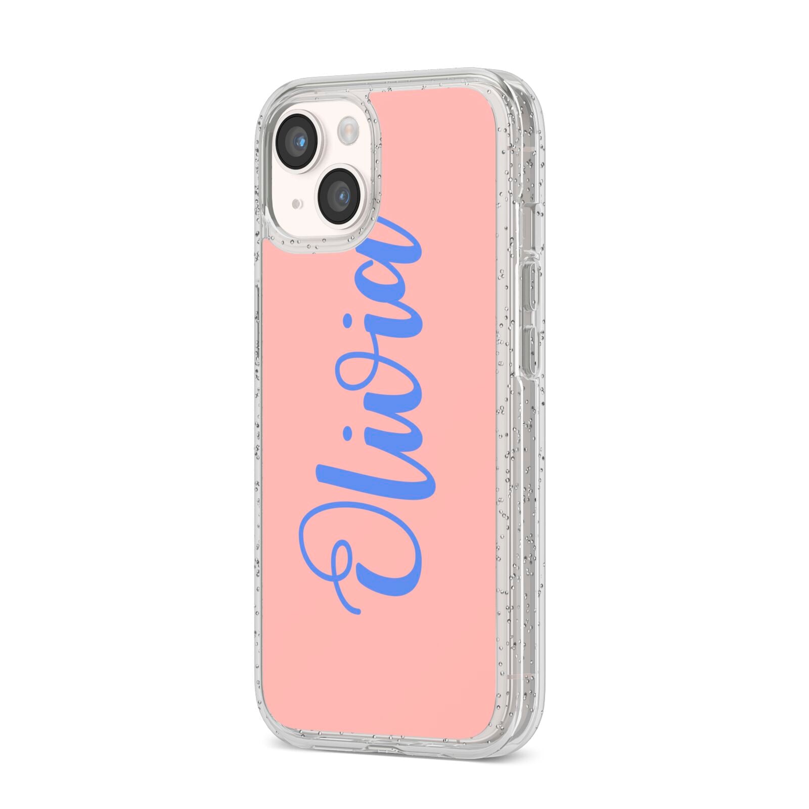 Personalised Pink Blue Name iPhone 14 Glitter Tough Case Starlight Angled Image