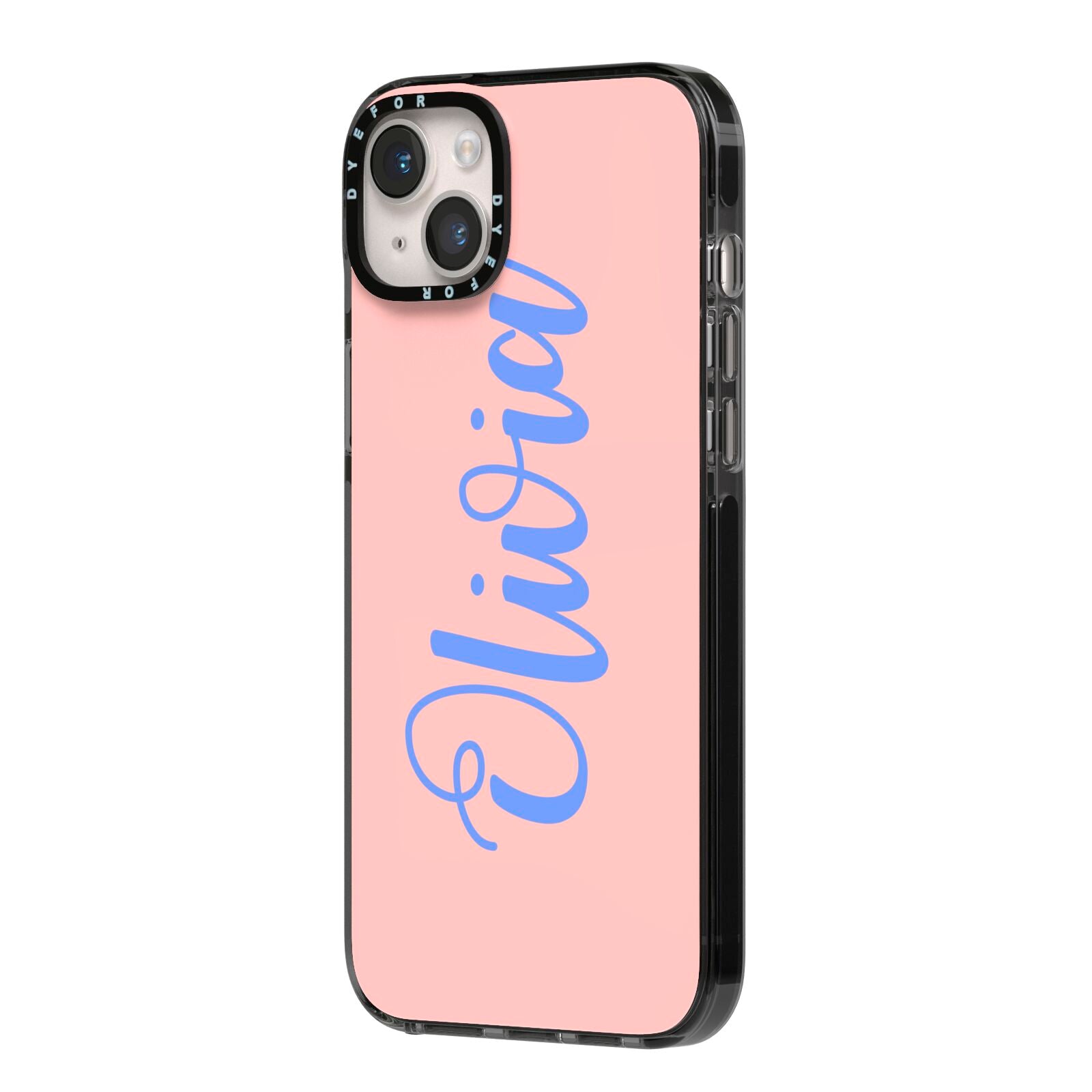 Personalised Pink Blue Name iPhone 14 Plus Black Impact Case Side Angle on Silver phone