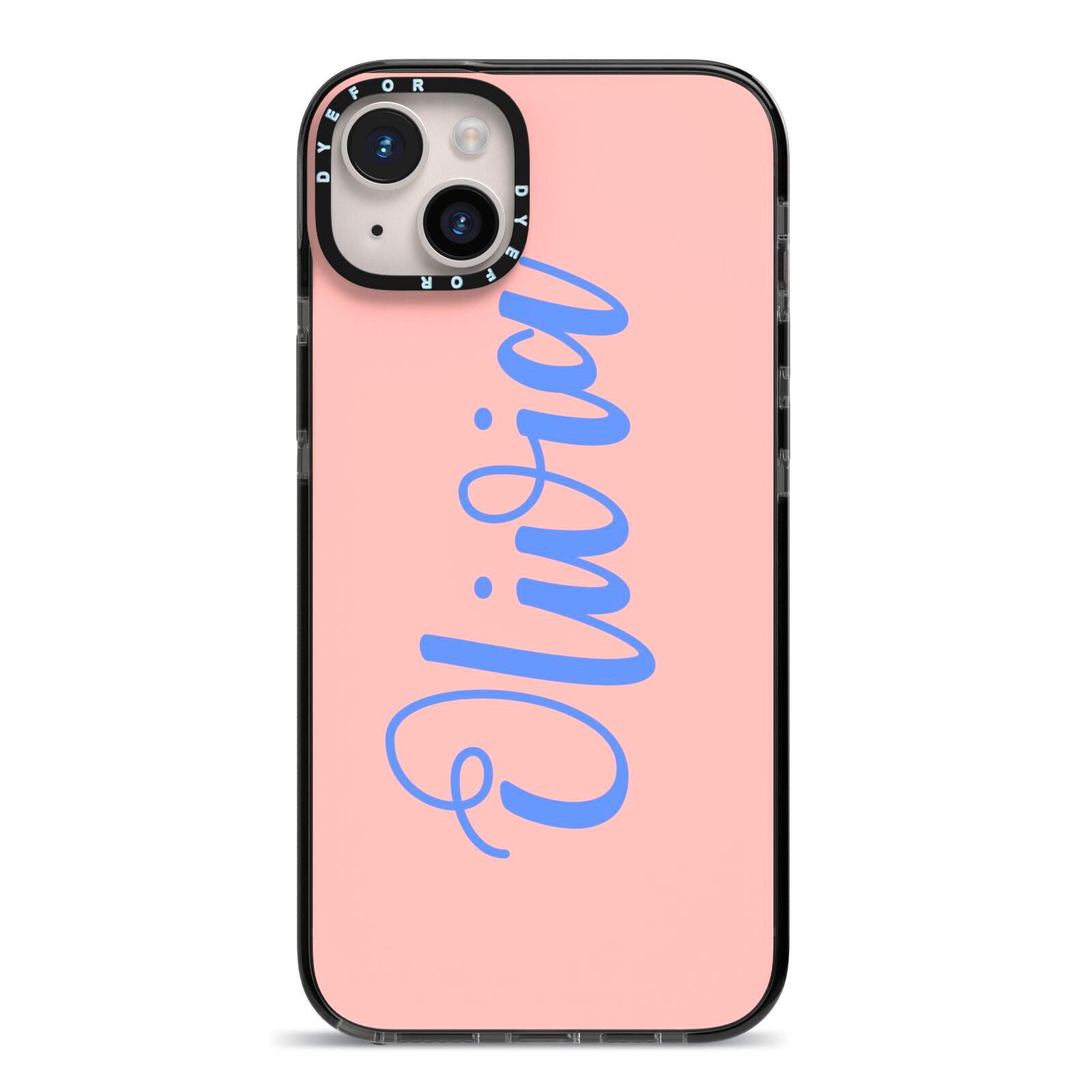 Personalised Pink Blue Name iPhone 14 Plus Black Impact Case on Silver phone