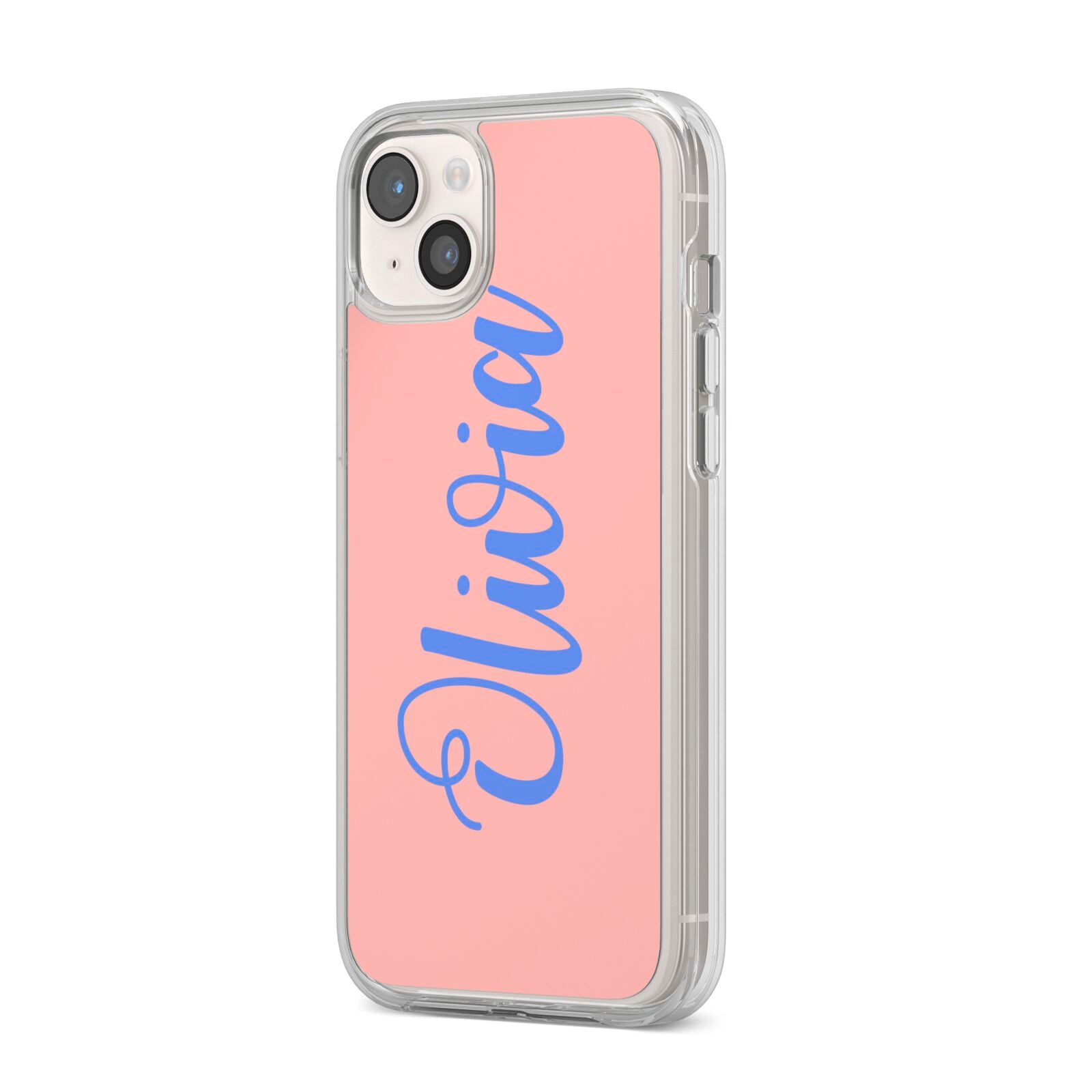 Personalised Pink Blue Name iPhone 14 Plus Clear Tough Case Starlight Angled Image