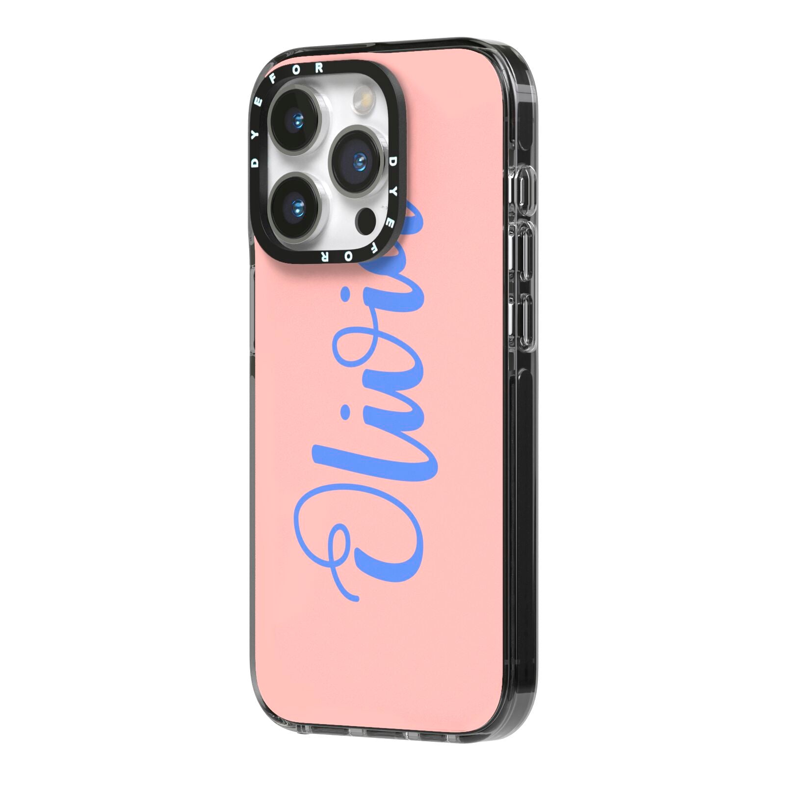 Personalised Pink Blue Name iPhone 14 Pro Black Impact Case Side Angle on Silver phone