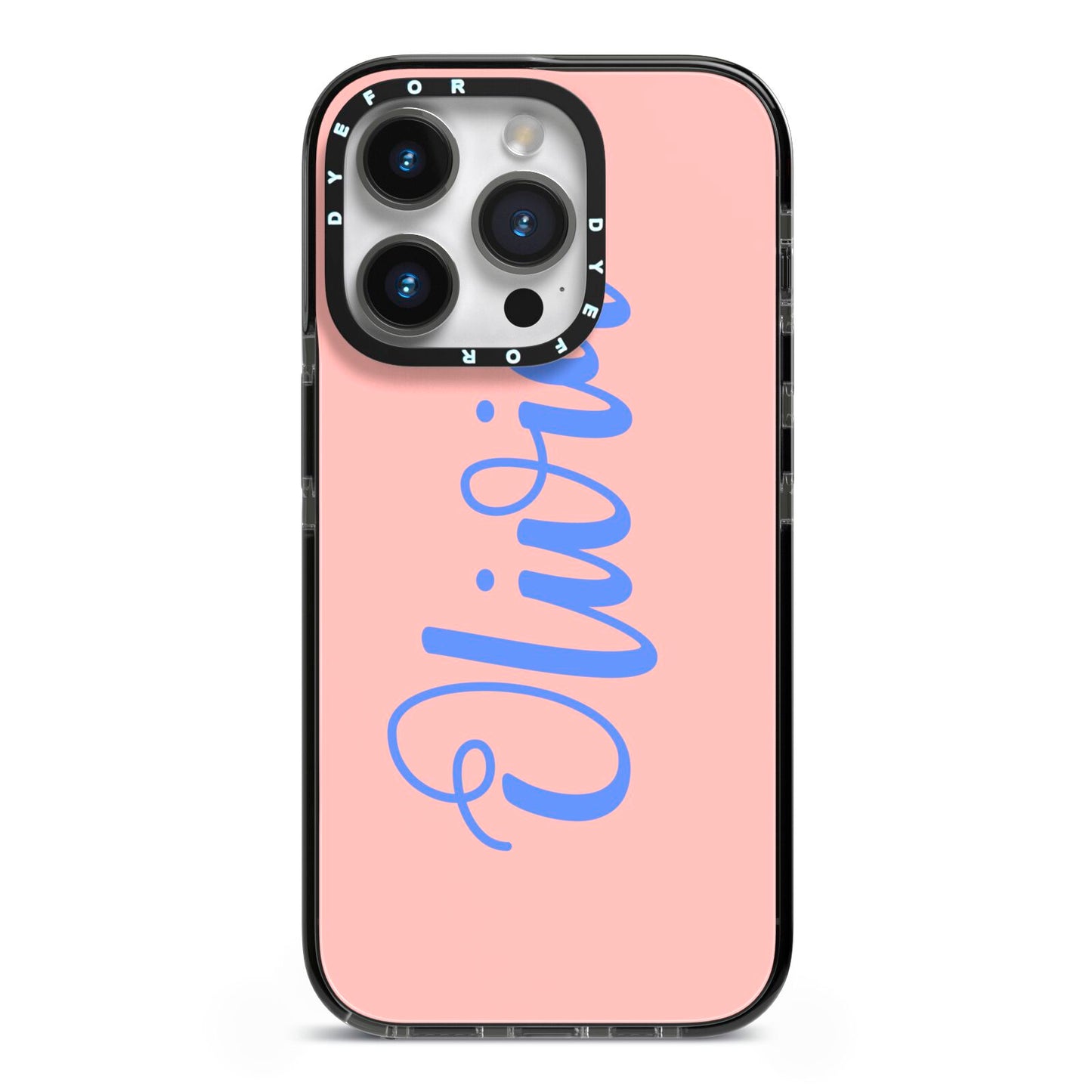 Personalised Pink Blue Name iPhone 14 Pro Black Impact Case on Silver phone