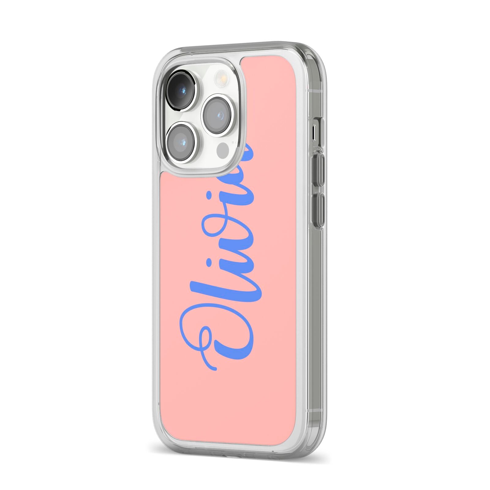 Personalised Pink Blue Name iPhone 14 Pro Clear Tough Case Silver Angled Image