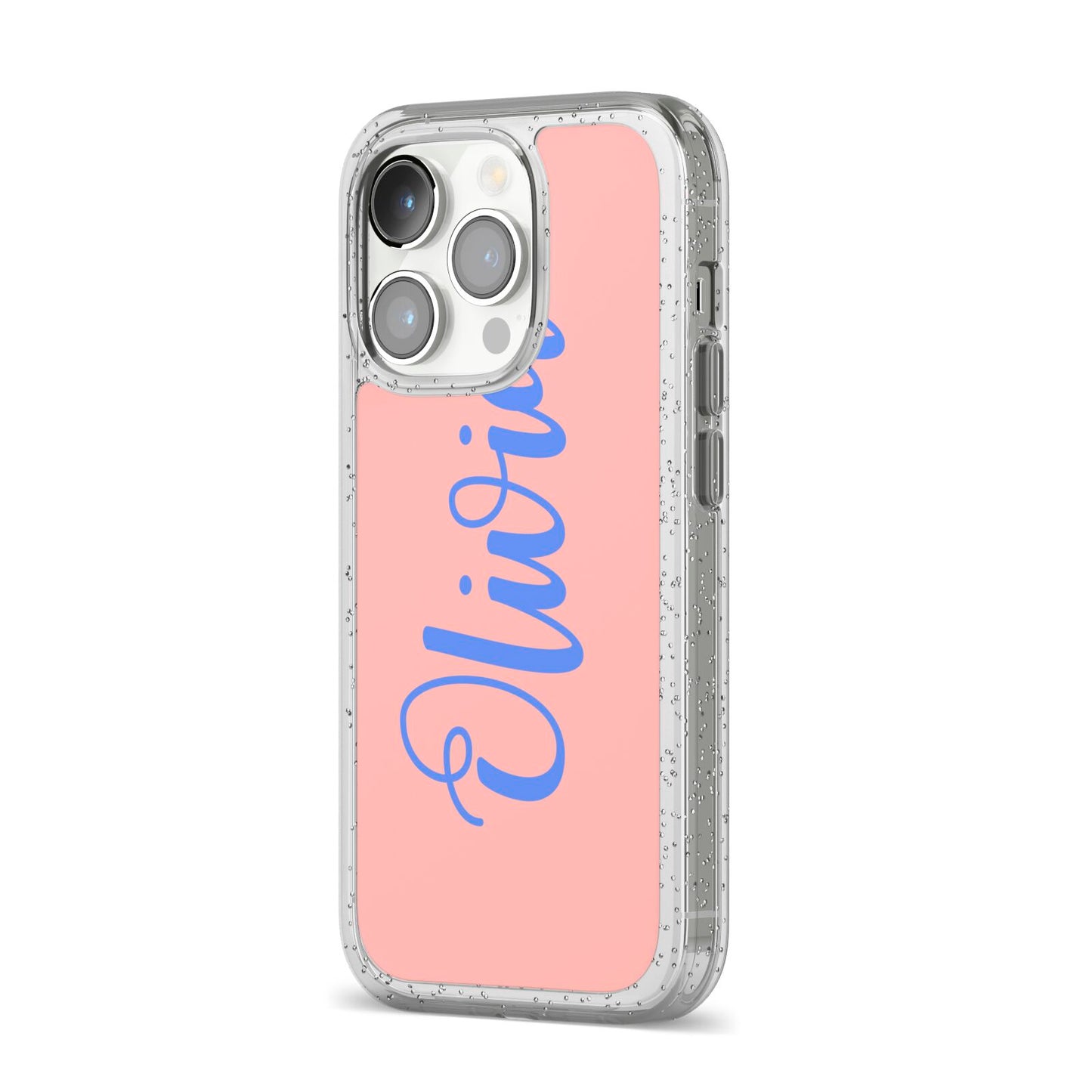 Personalised Pink Blue Name iPhone 14 Pro Glitter Tough Case Silver Angled Image