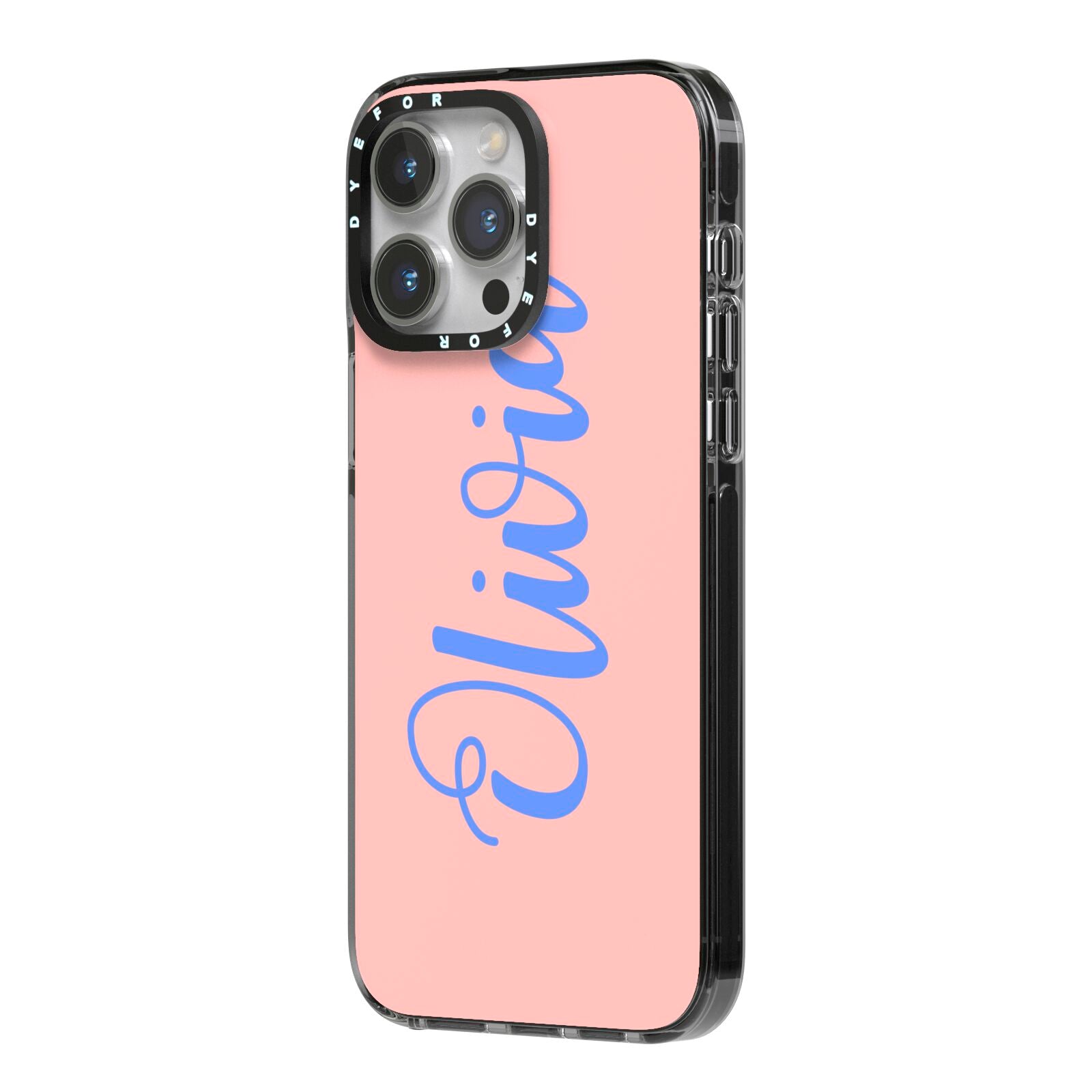 Personalised Pink Blue Name iPhone 14 Pro Max Black Impact Case Side Angle on Silver phone