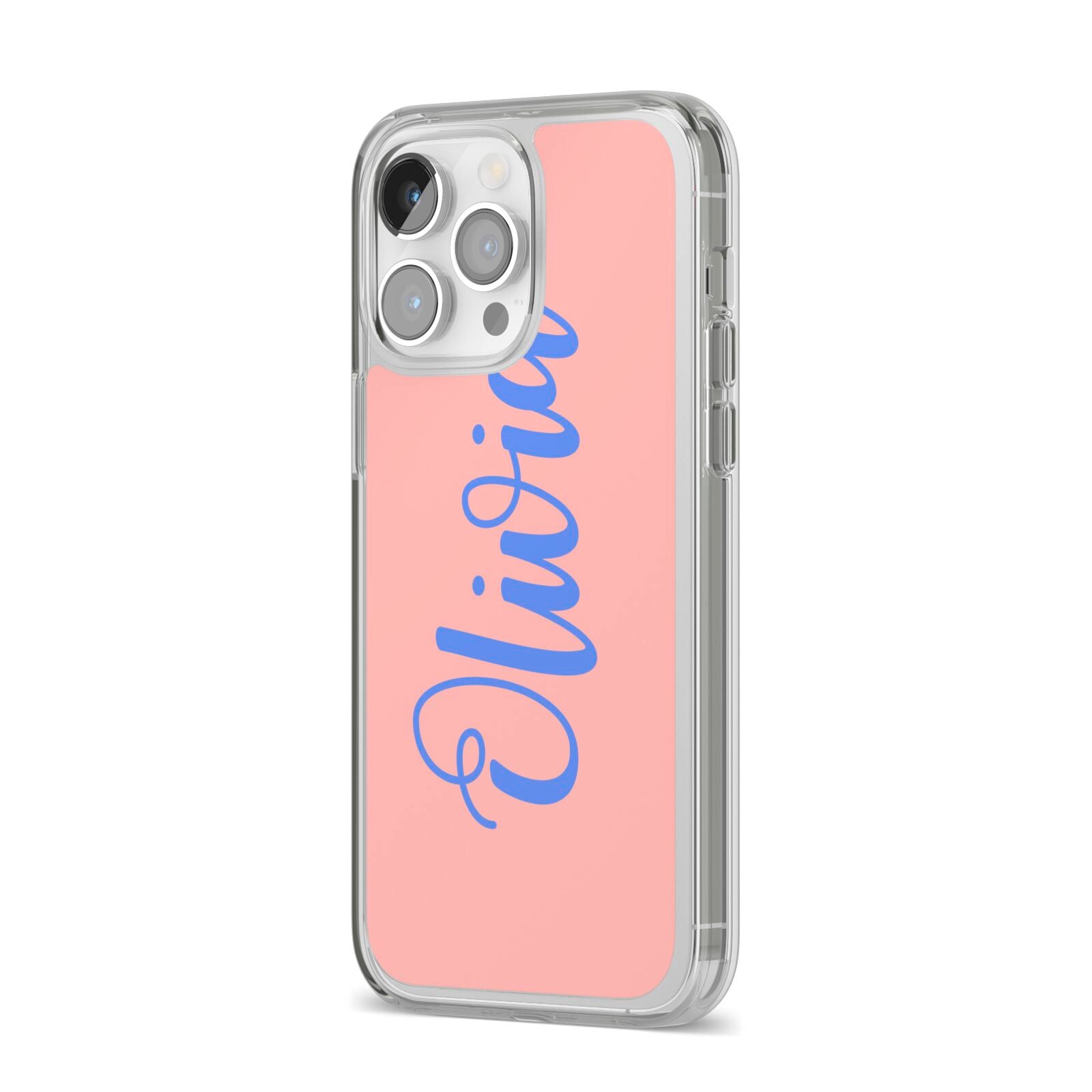 Personalised Pink Blue Name iPhone 14 Pro Max Clear Tough Case Silver Angled Image