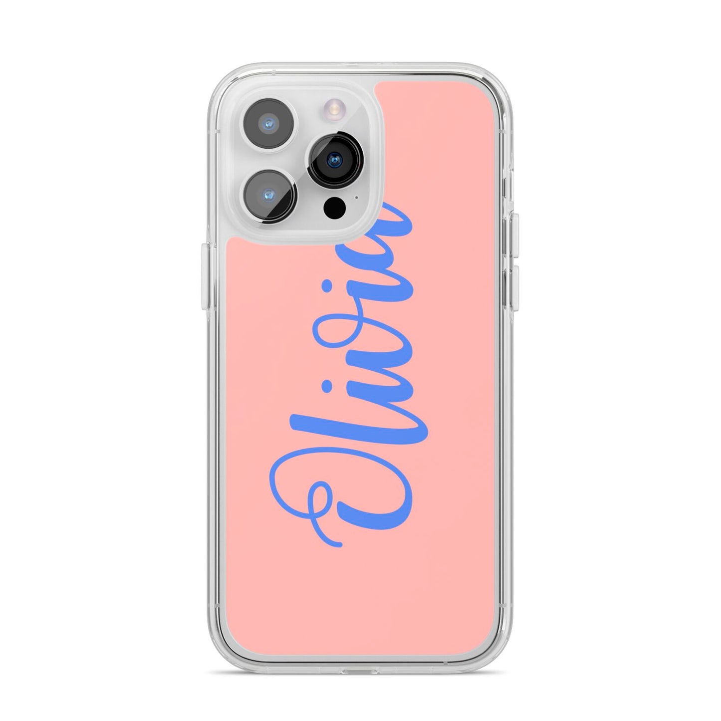 Personalised Pink Blue Name iPhone 14 Pro Max Clear Tough Case Silver