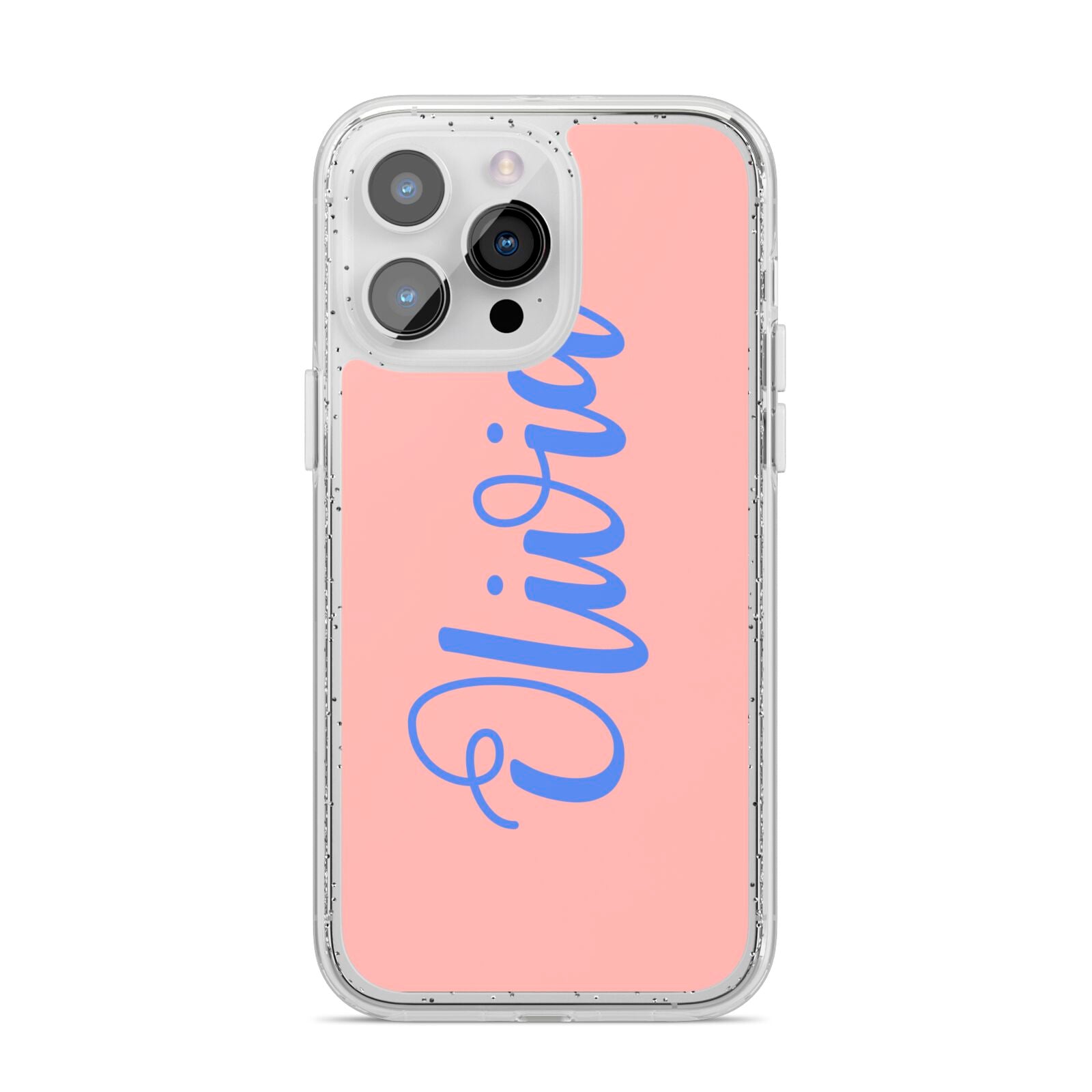 Personalised Pink Blue Name iPhone 14 Pro Max Glitter Tough Case Silver