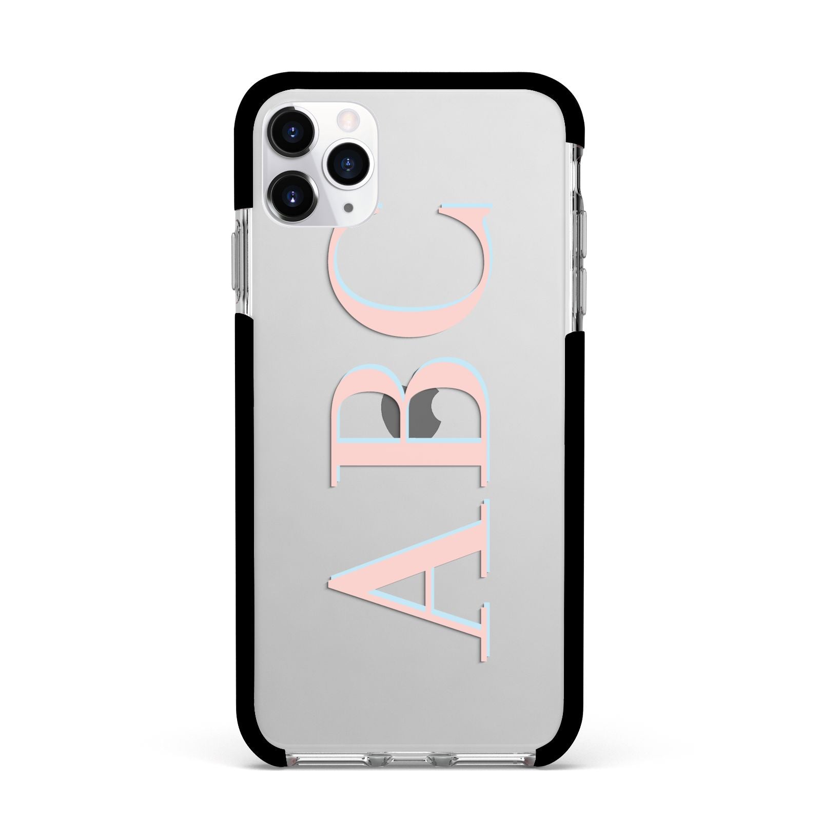 Personalised Pink Blue Side Initials Clear Apple iPhone 11 Pro Max in Silver with Black Impact Case