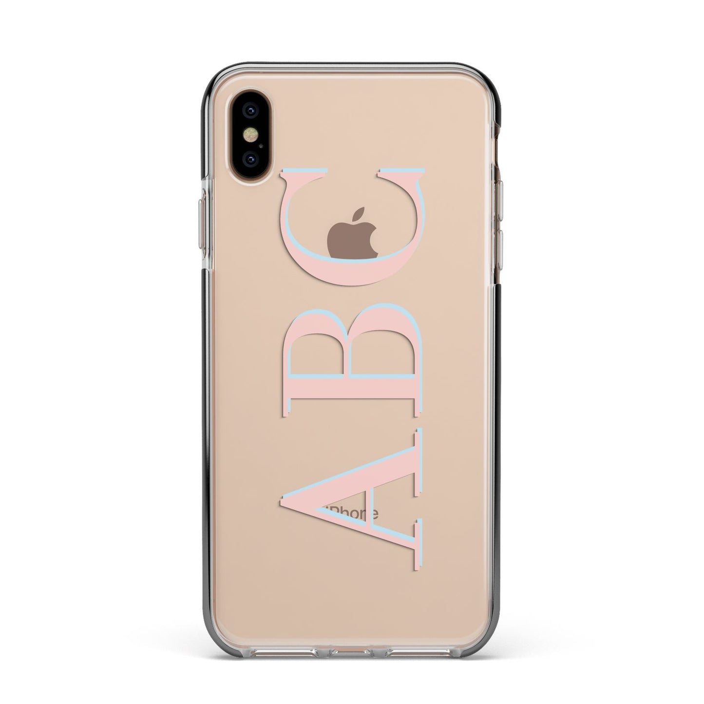 Personalised Pink Blue Side Initials Clear Apple iPhone Xs Max Impact Case Black Edge on Gold Phone