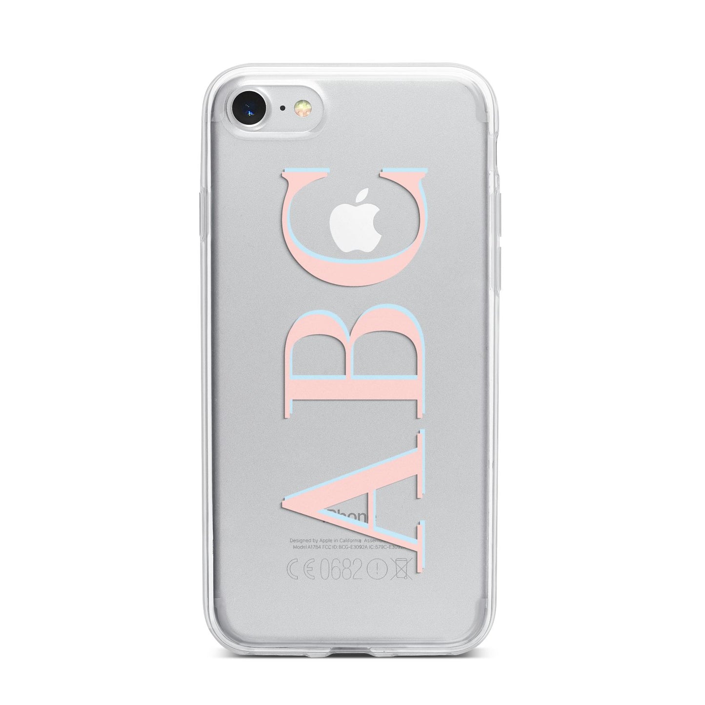 Personalised Pink Blue Side Initials Clear iPhone 7 Bumper Case on Silver iPhone