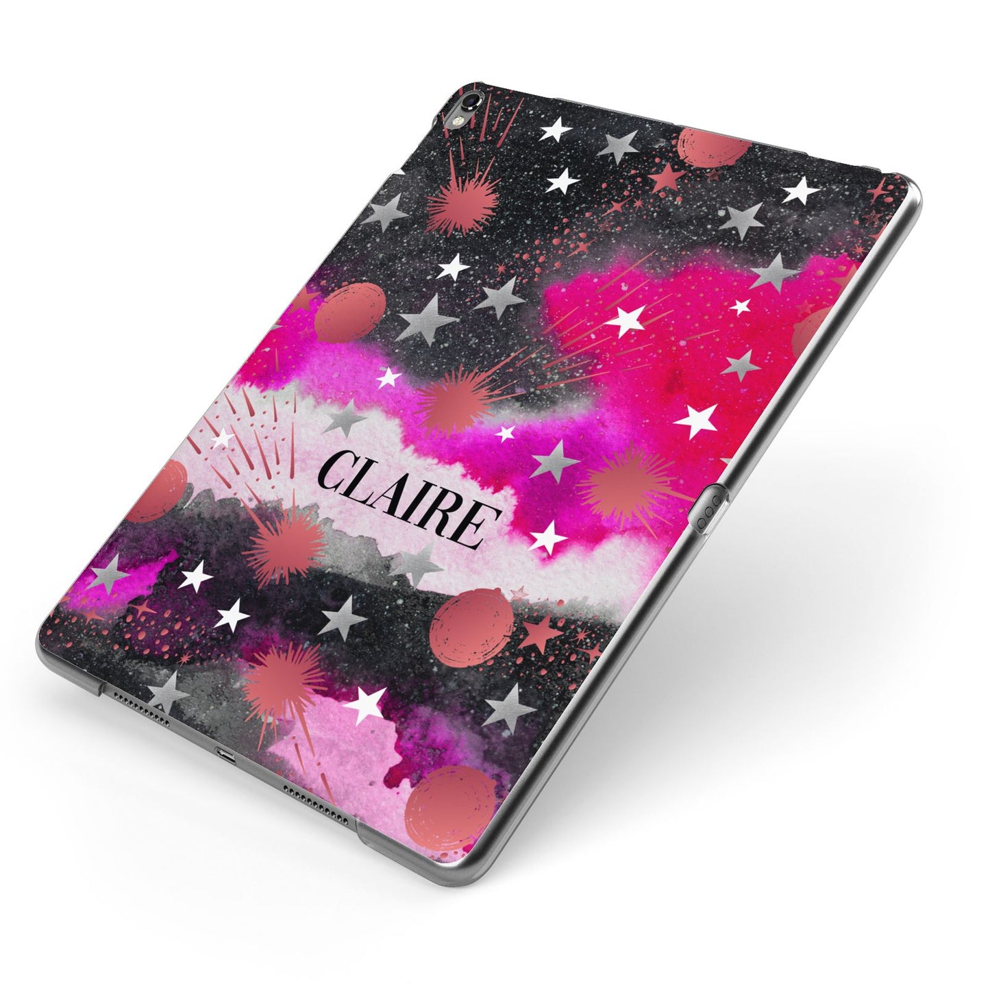 Personalised Pink Celestial Apple iPad Case on Grey iPad Side View