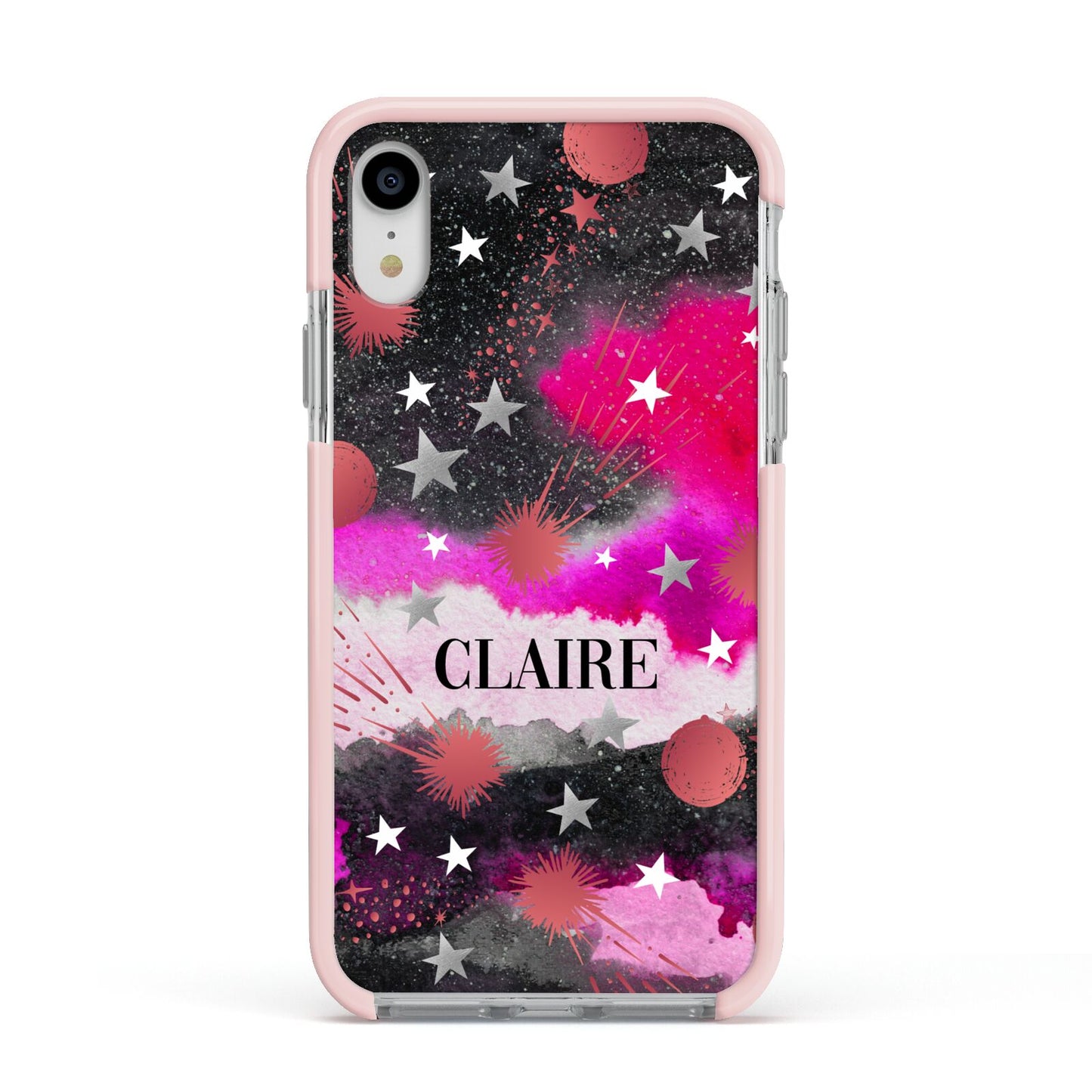 Personalised Pink Celestial Apple iPhone XR Impact Case Pink Edge on Silver Phone