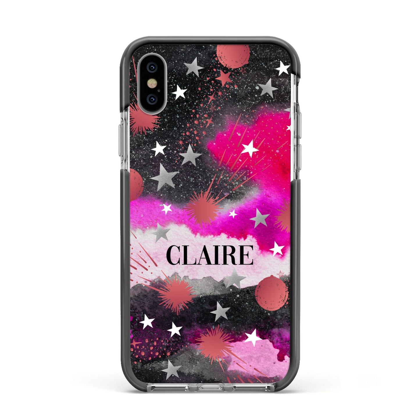 Personalised Pink Celestial Apple iPhone Xs Impact Case Black Edge on Silver Phone