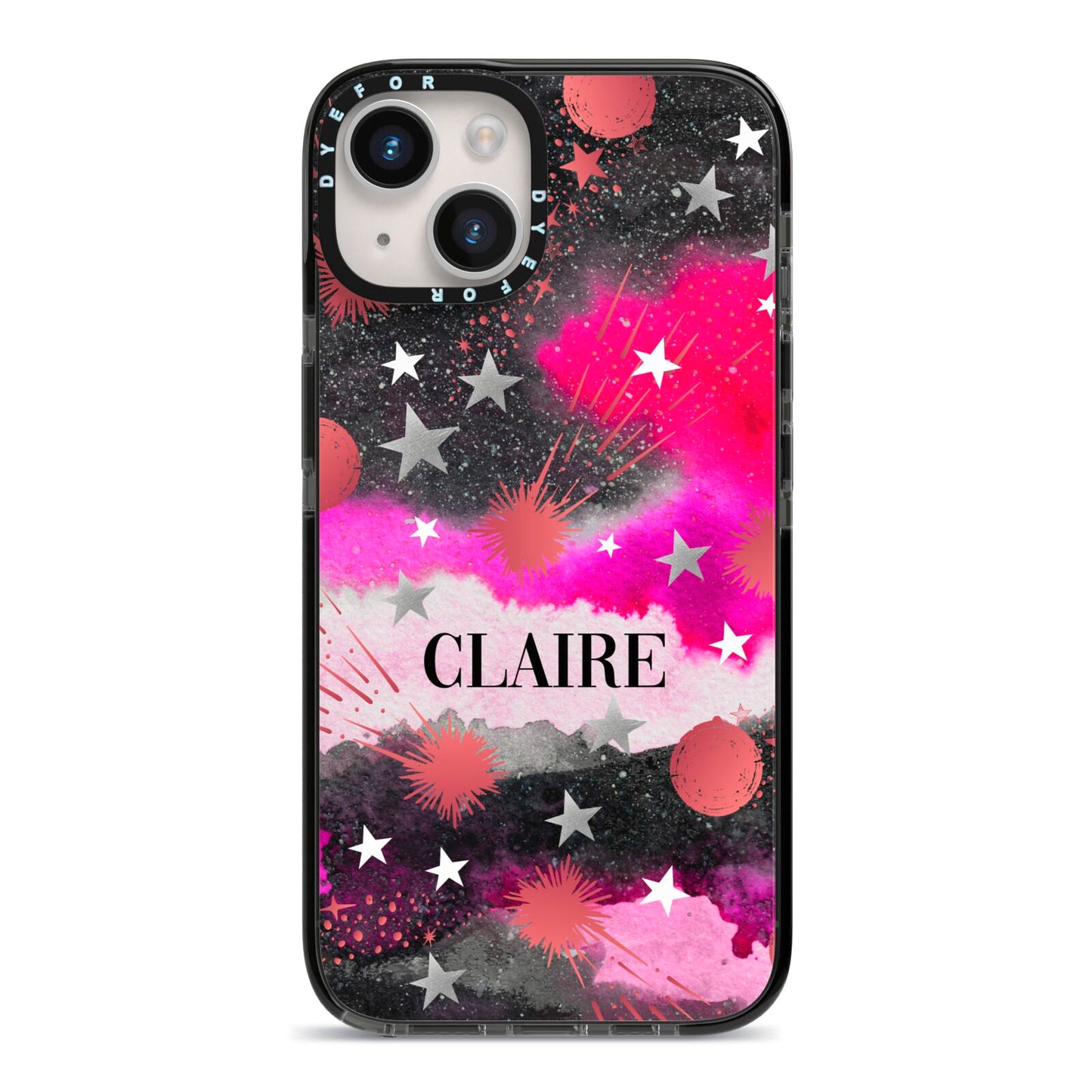 Personalised Pink Celestial iPhone 14 Black Impact Case on Silver phone