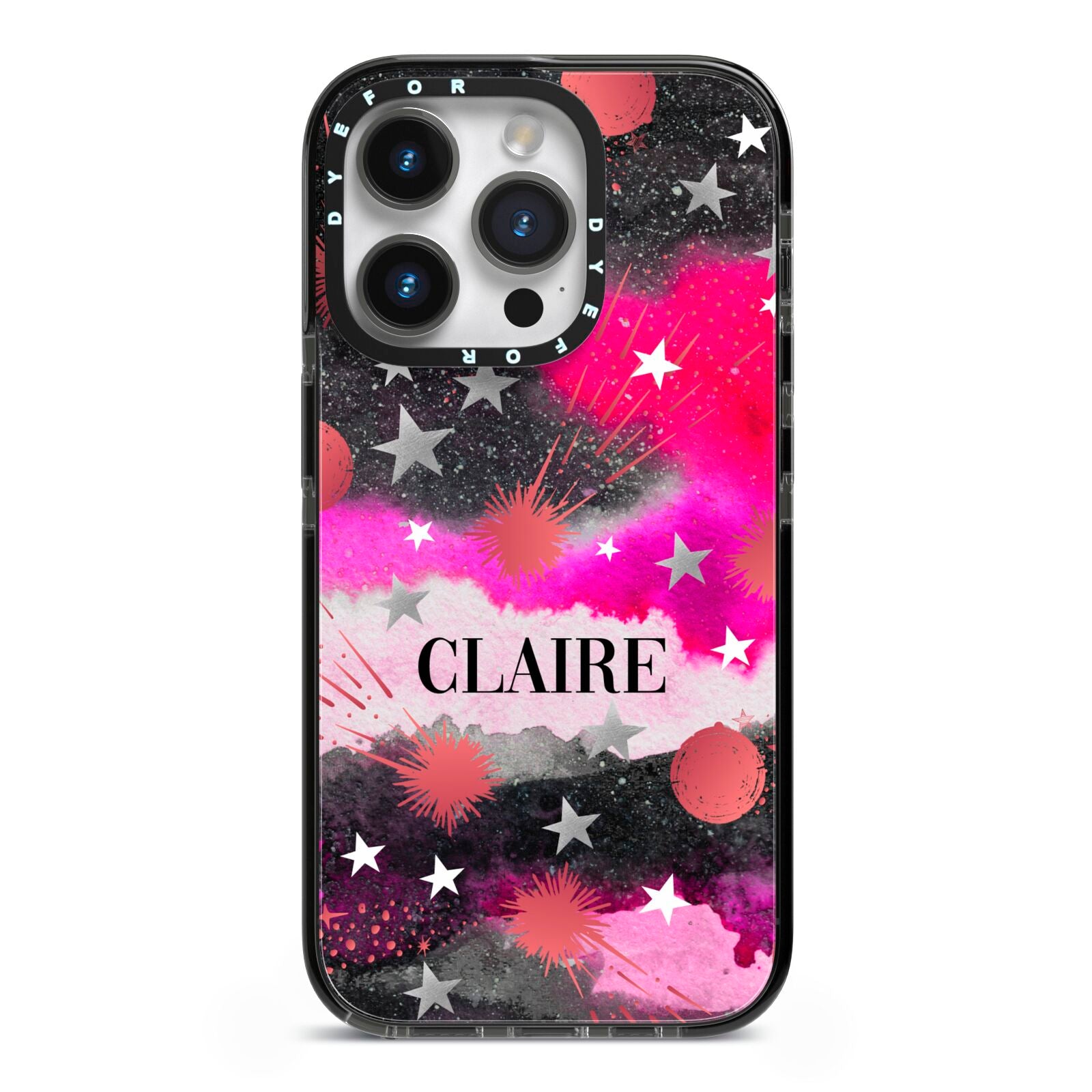 Personalised Pink Celestial iPhone 14 Pro Black Impact Case on Silver phone