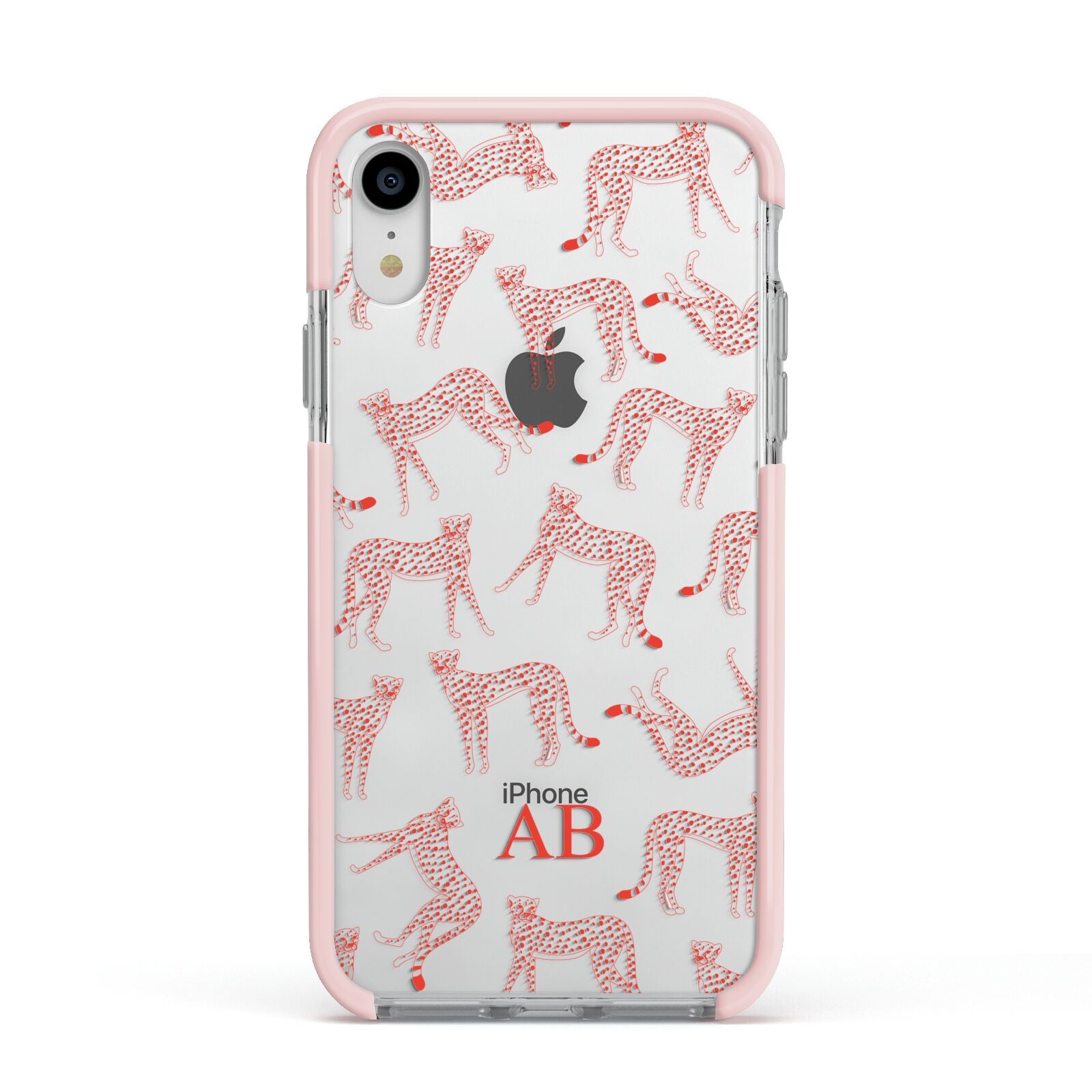 Personalised Pink Cheetah Apple iPhone XR Impact Case Pink Edge on Silver Phone