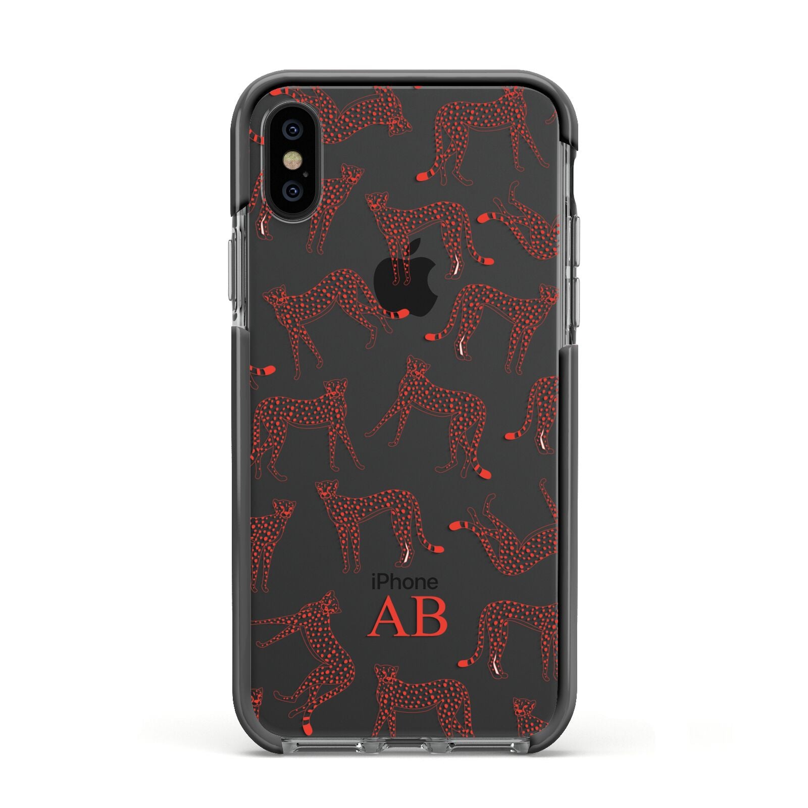 Personalised Pink Cheetah Apple iPhone Xs Impact Case Black Edge on Black Phone