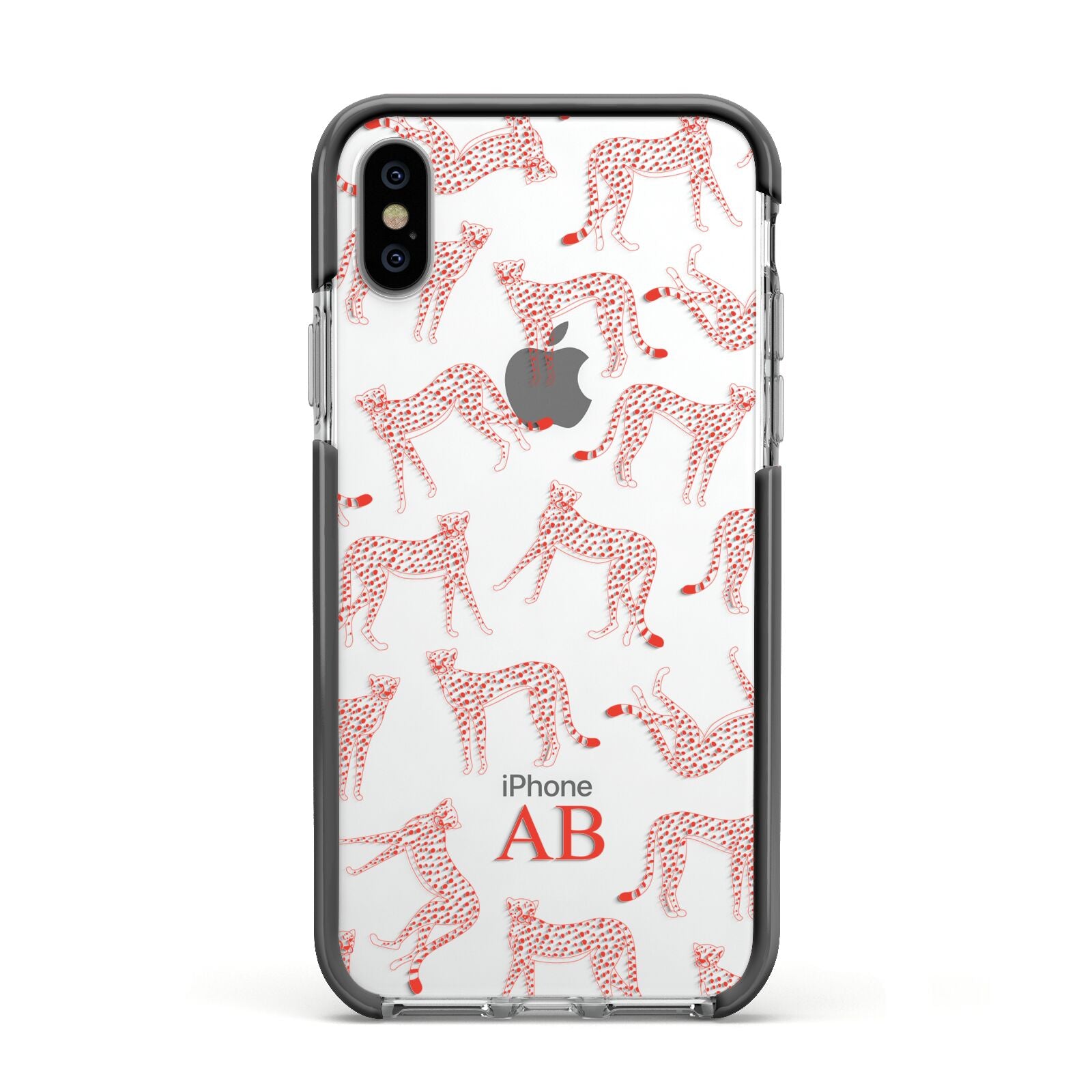 Personalised Pink Cheetah Apple iPhone Xs Impact Case Black Edge on Silver Phone