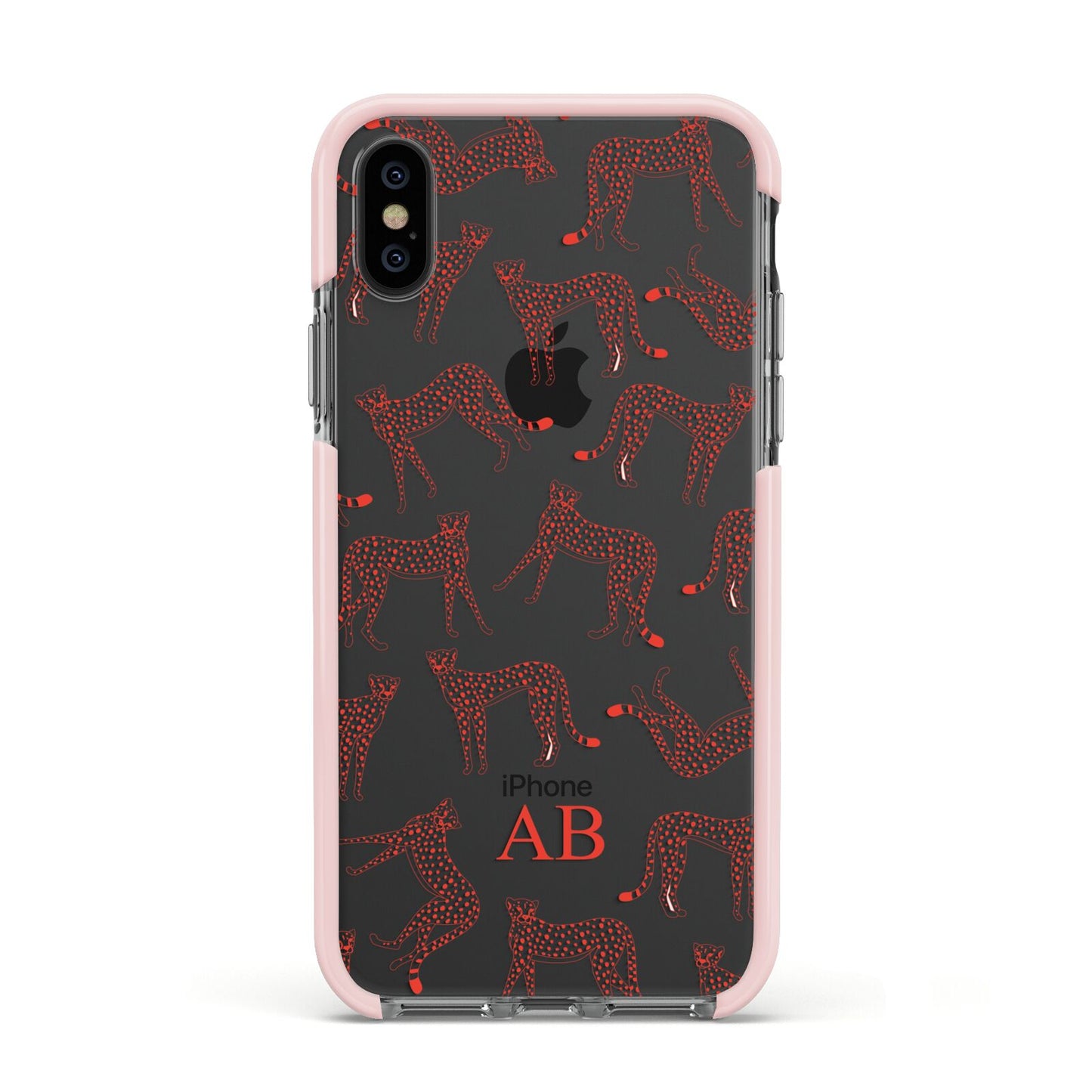 Personalised Pink Cheetah Apple iPhone Xs Impact Case Pink Edge on Black Phone