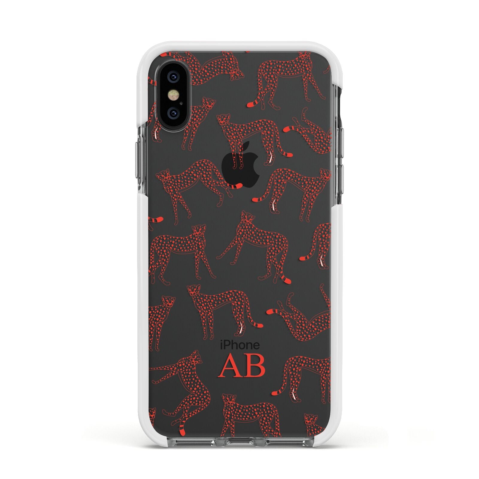 Personalised Pink Cheetah Apple iPhone Xs Impact Case White Edge on Black Phone