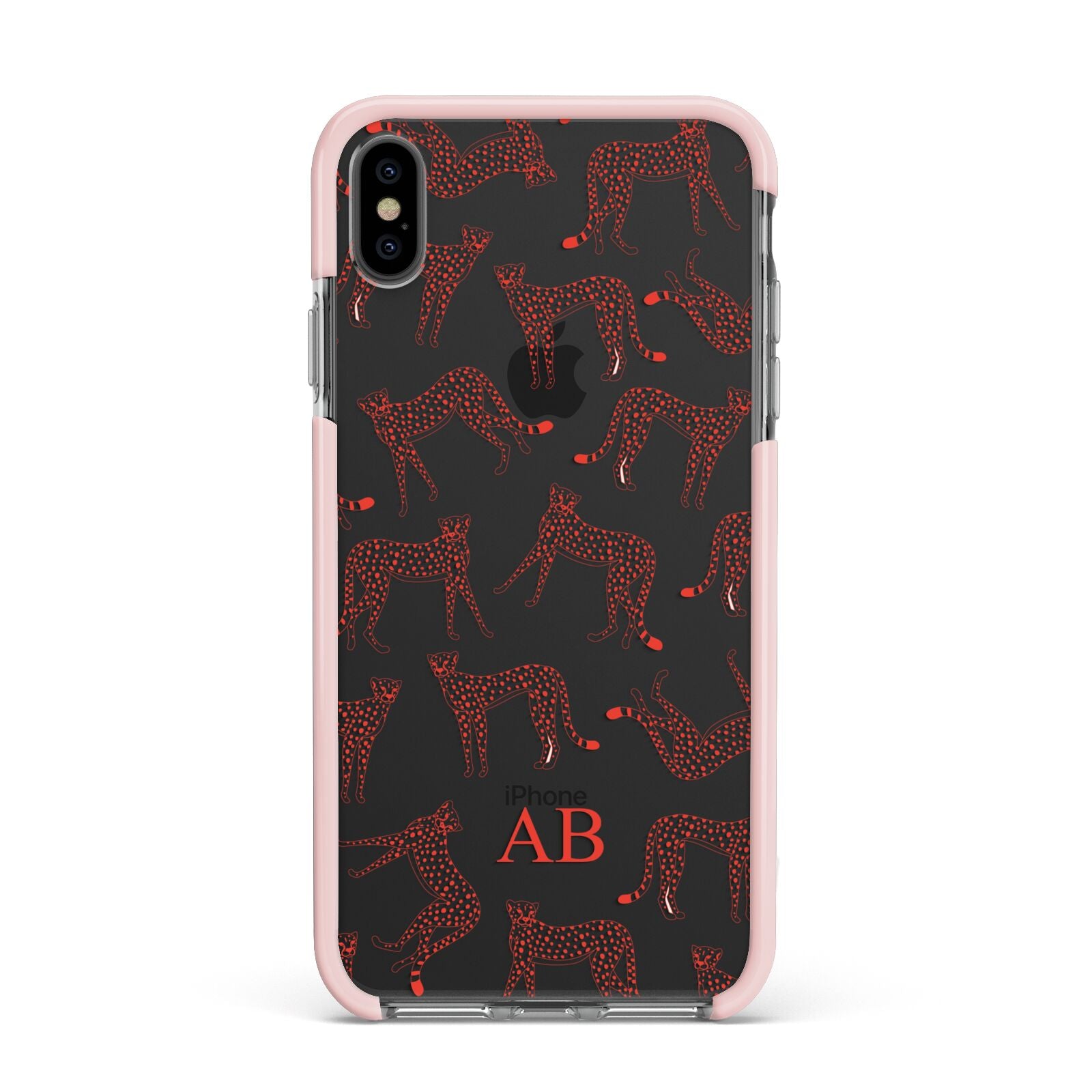 Personalised Pink Cheetah Apple iPhone Xs Max Impact Case Pink Edge on Black Phone