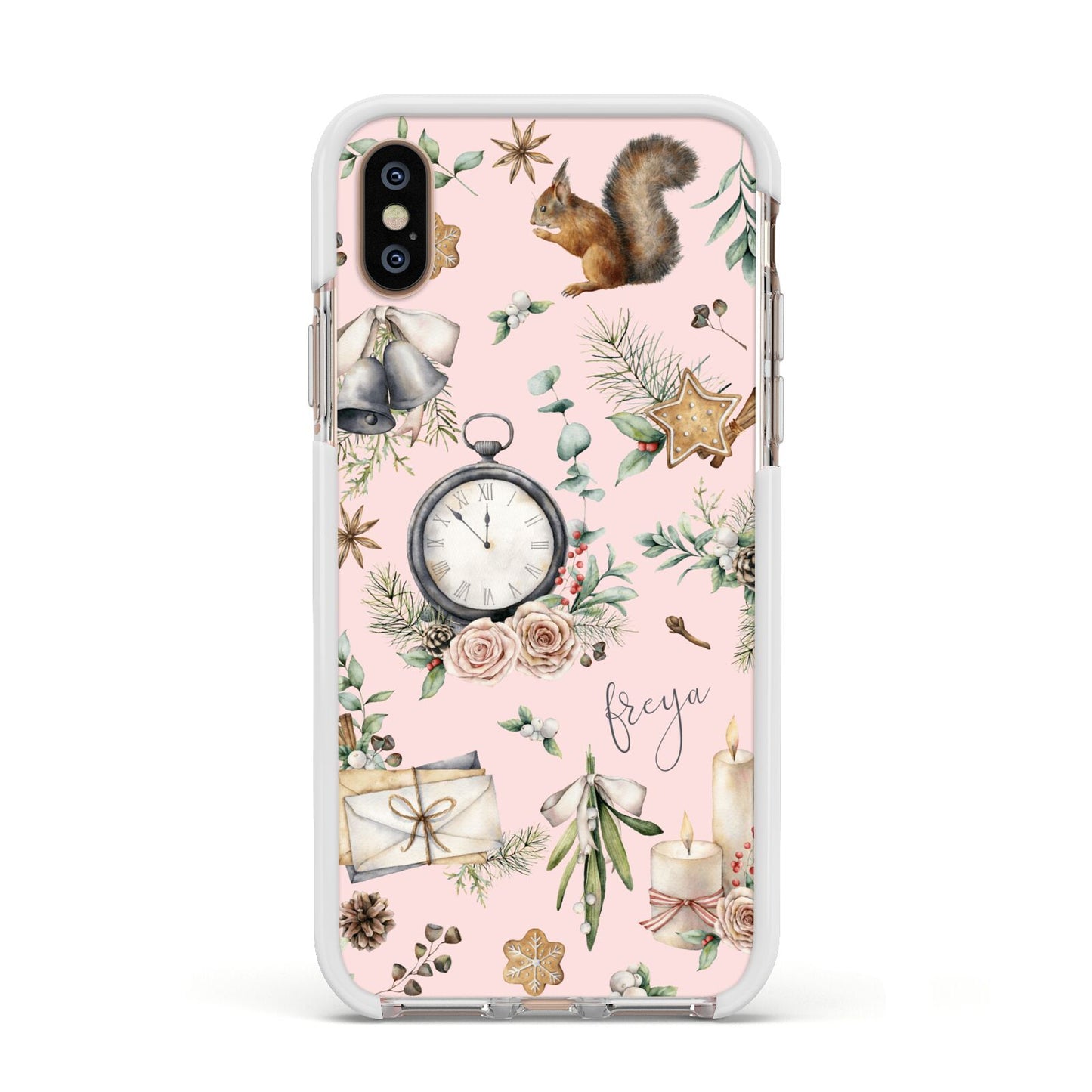 Personalised Pink Christmas Theme Apple iPhone Xs Impact Case White Edge on Gold Phone