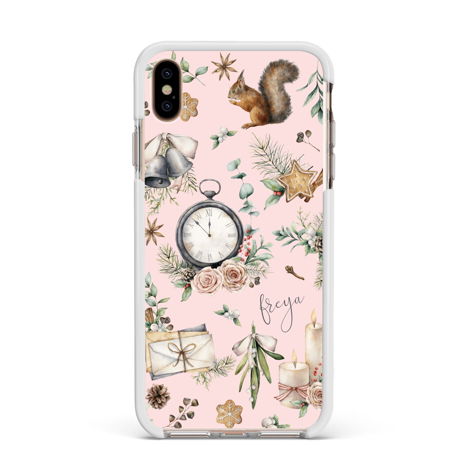 Personalised Pink Christmas Theme Apple iPhone Xs Max Impact Case White Edge on Gold Phone