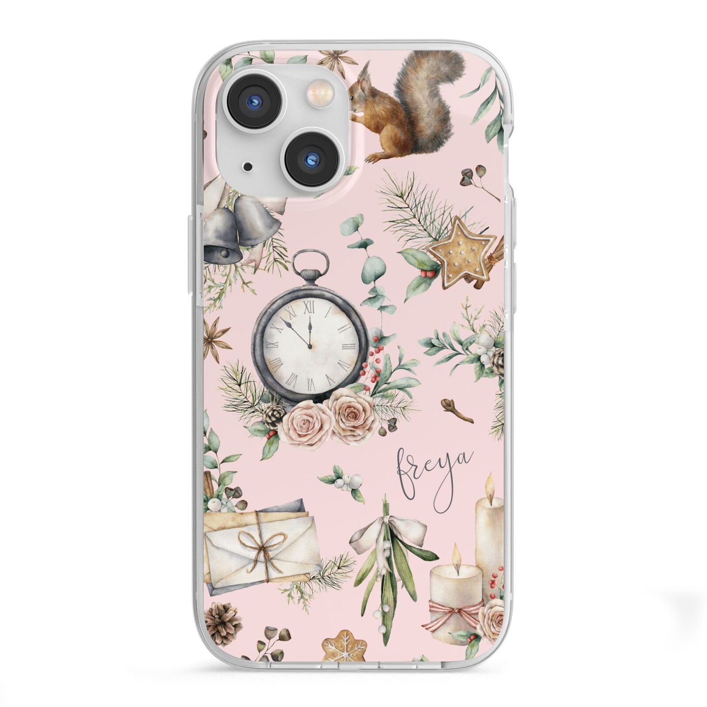 Personalised Pink Christmas Theme iPhone 13 Mini TPU Impact Case with White Edges