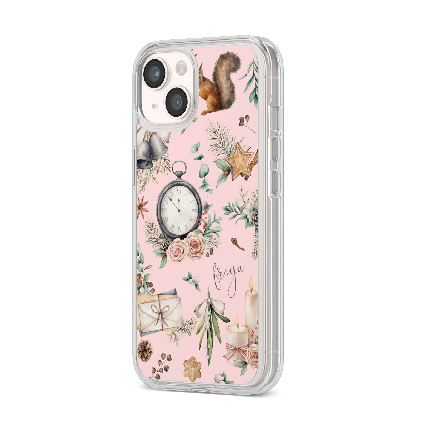 Personalised Pink Christmas Theme iPhone 14 Clear Tough Case Starlight Angled Image