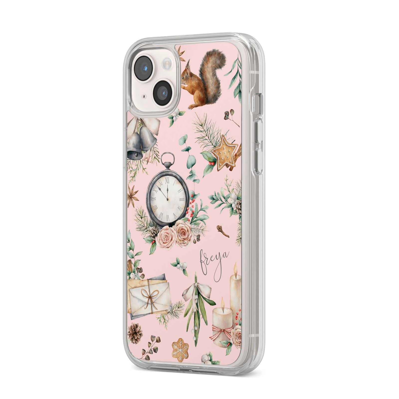 Personalised Pink Christmas Theme iPhone 14 Plus Clear Tough Case Starlight Angled Image