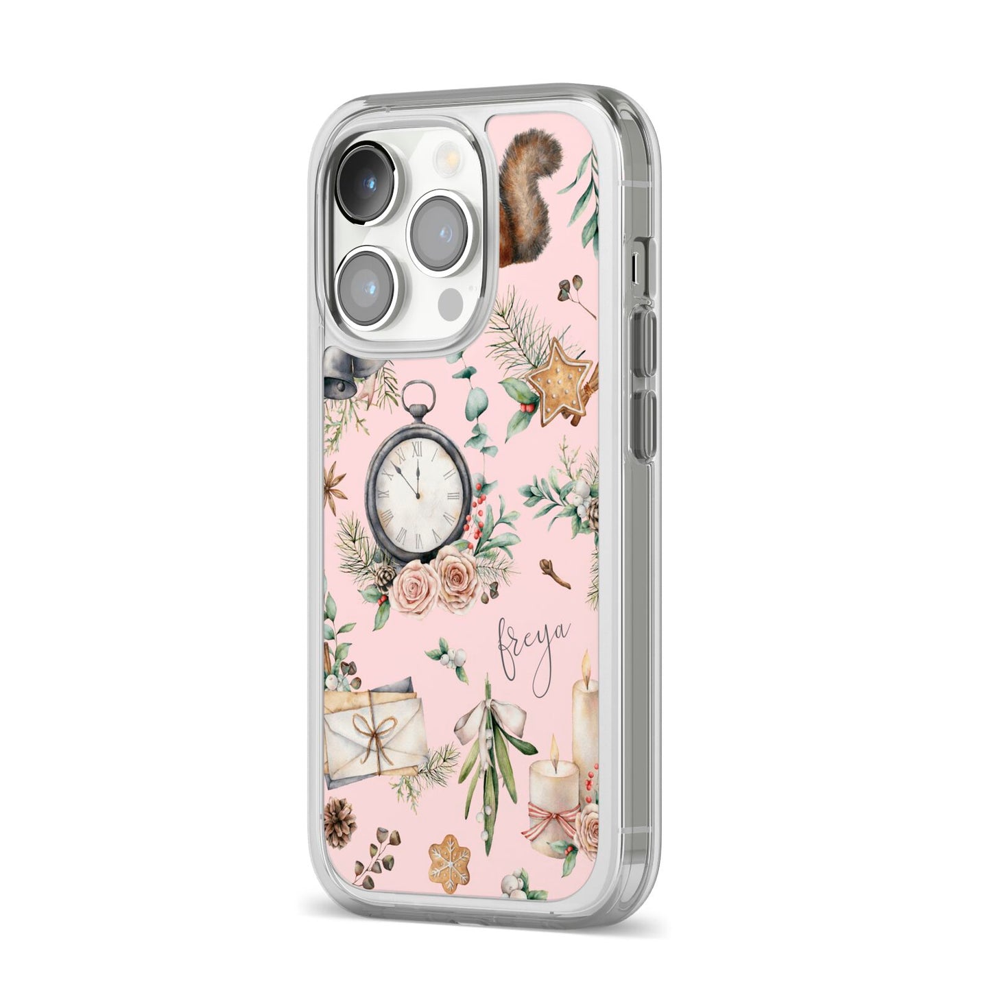 Personalised Pink Christmas Theme iPhone 14 Pro Clear Tough Case Silver Angled Image