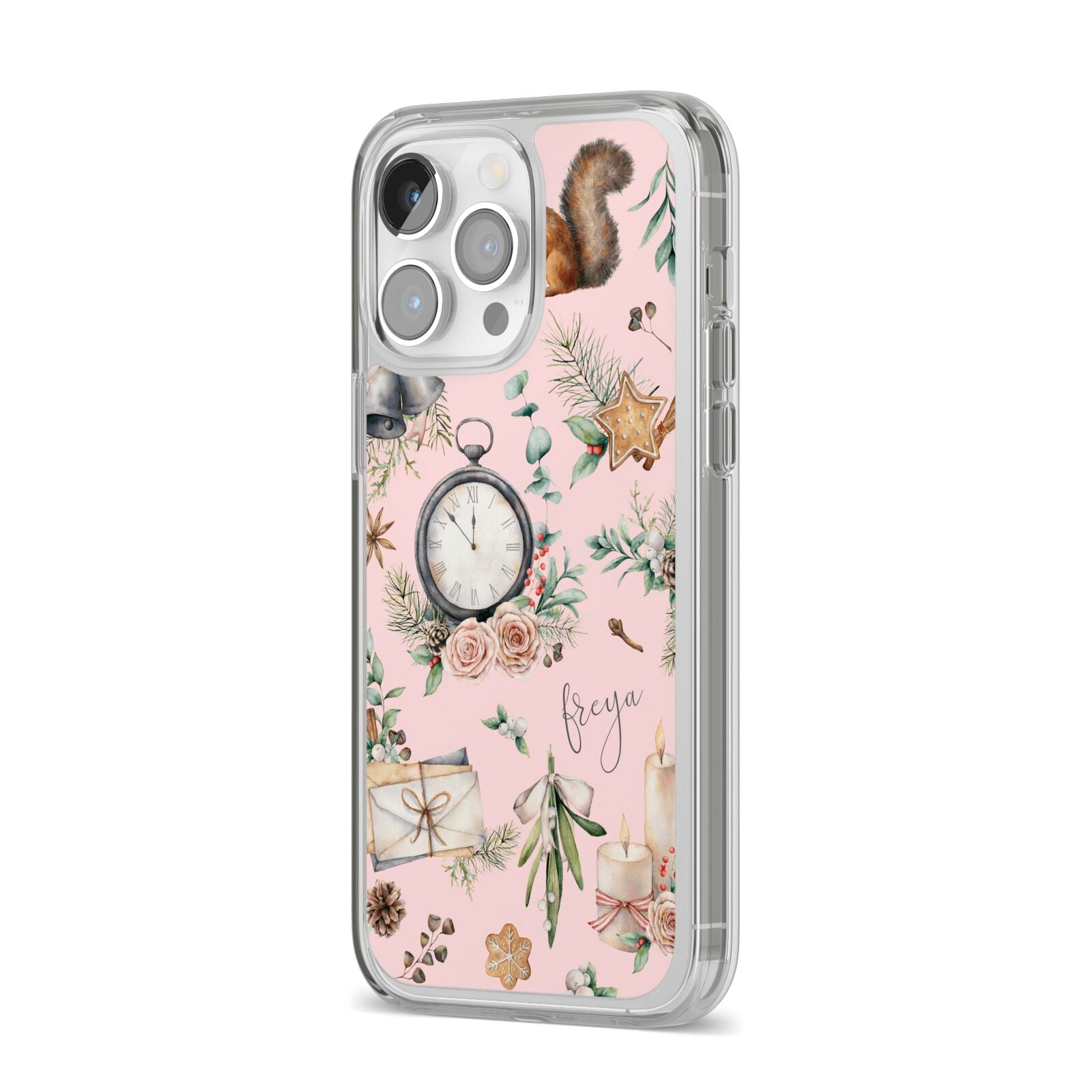 Personalised Pink Christmas Theme iPhone 14 Pro Max Clear Tough Case Silver Angled Image