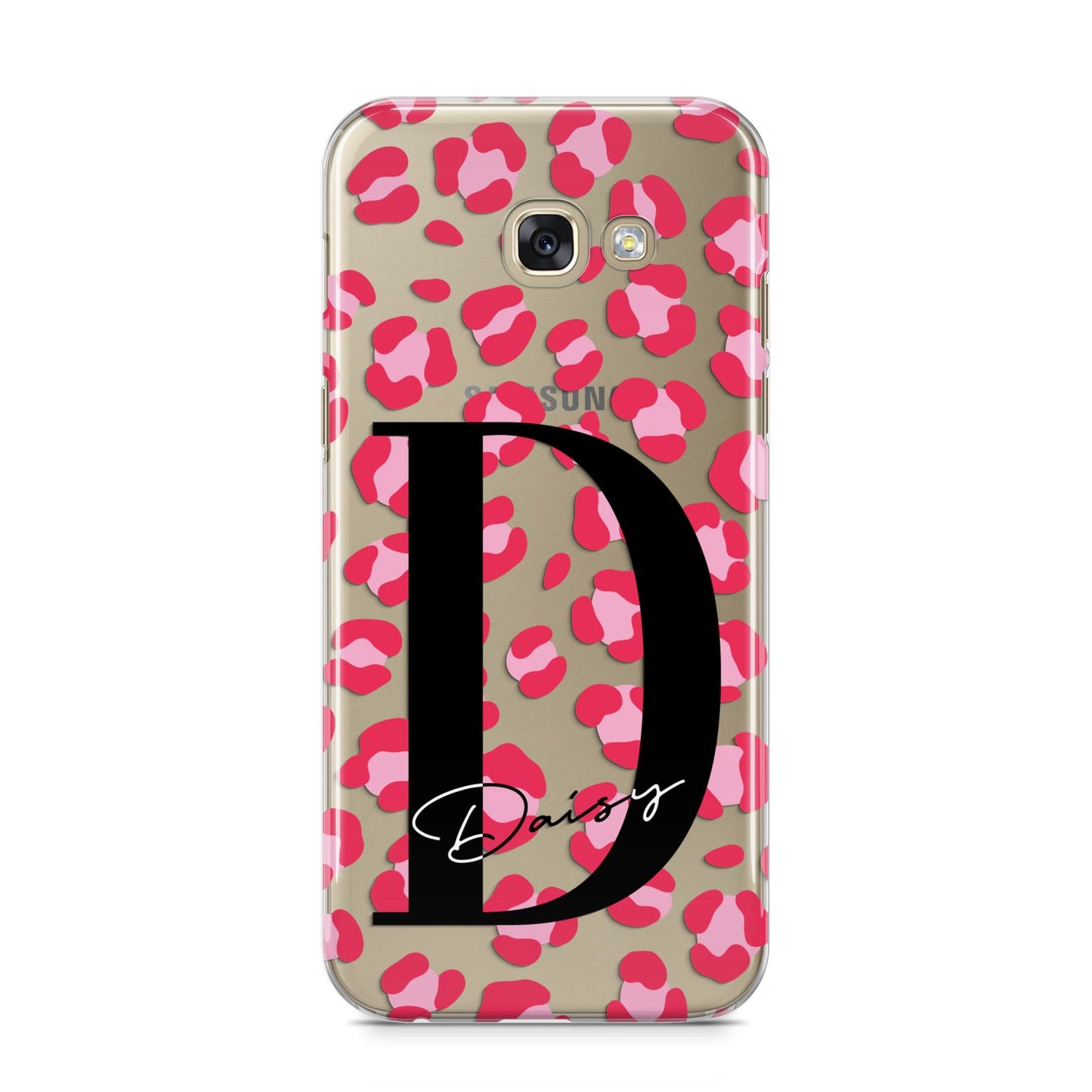 Personalised Pink Clear Leopard Print Samsung Galaxy A5 2017 Case on gold phone