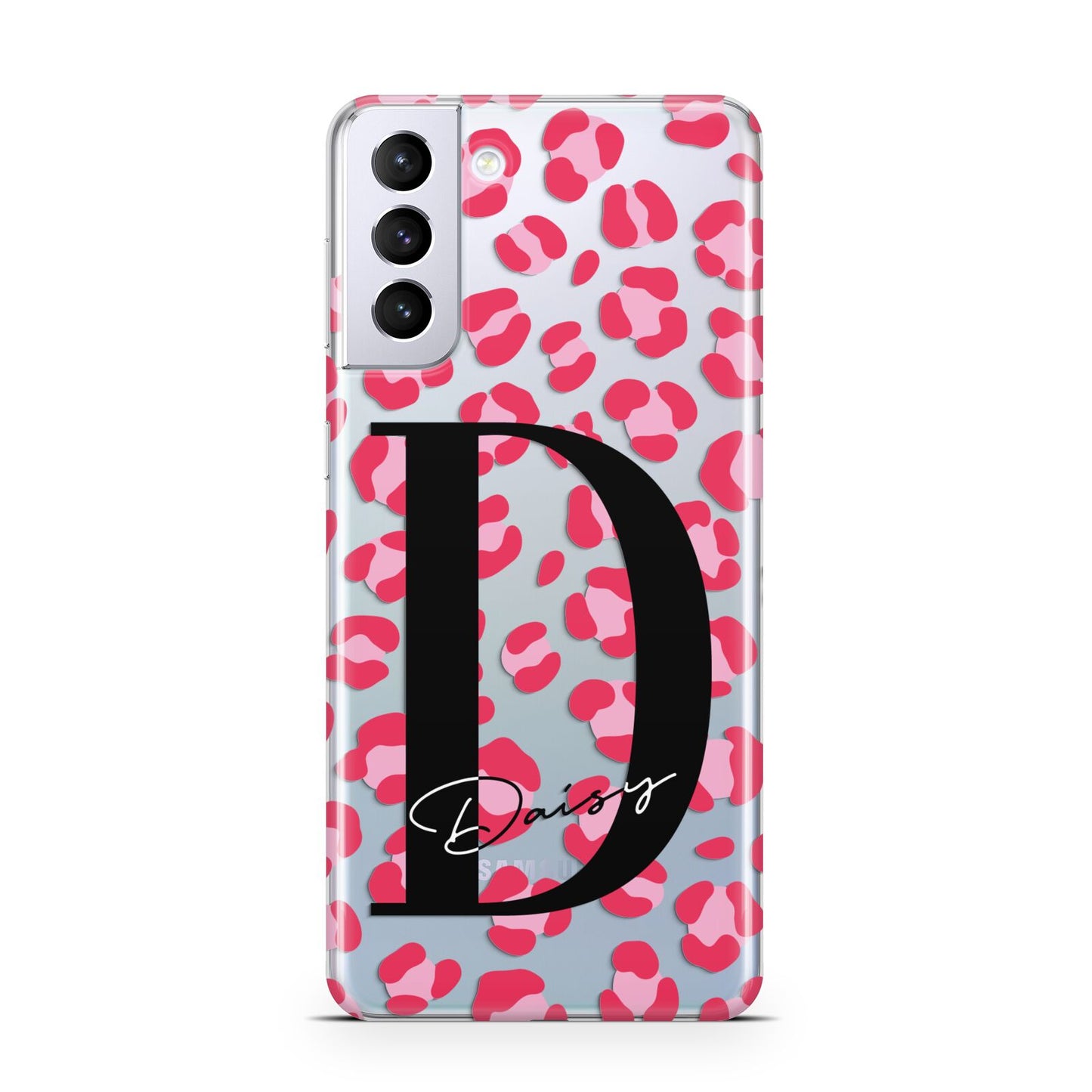 Personalised Pink Clear Leopard Print Samsung S21 Plus Case