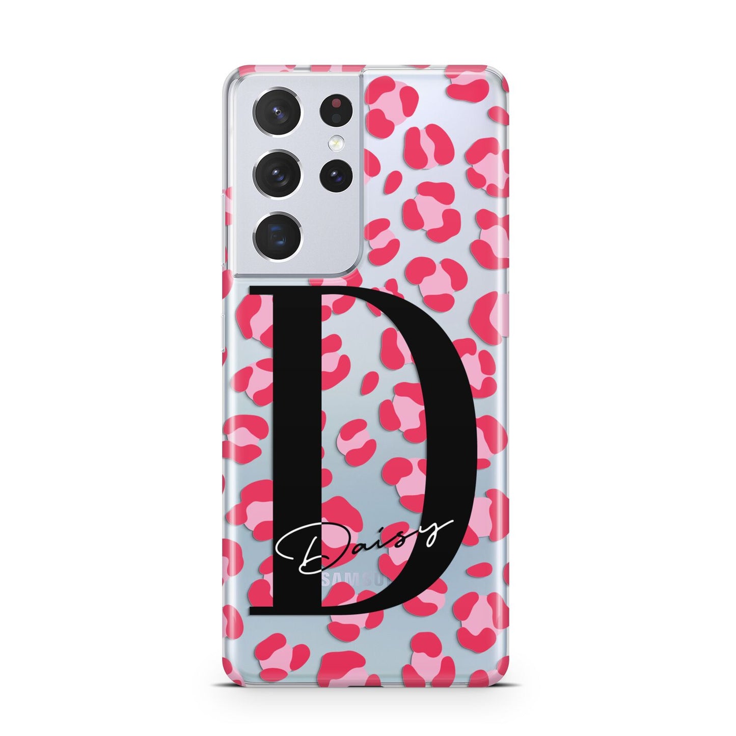 Personalised Pink Clear Leopard Print Samsung S21 Ultra Case