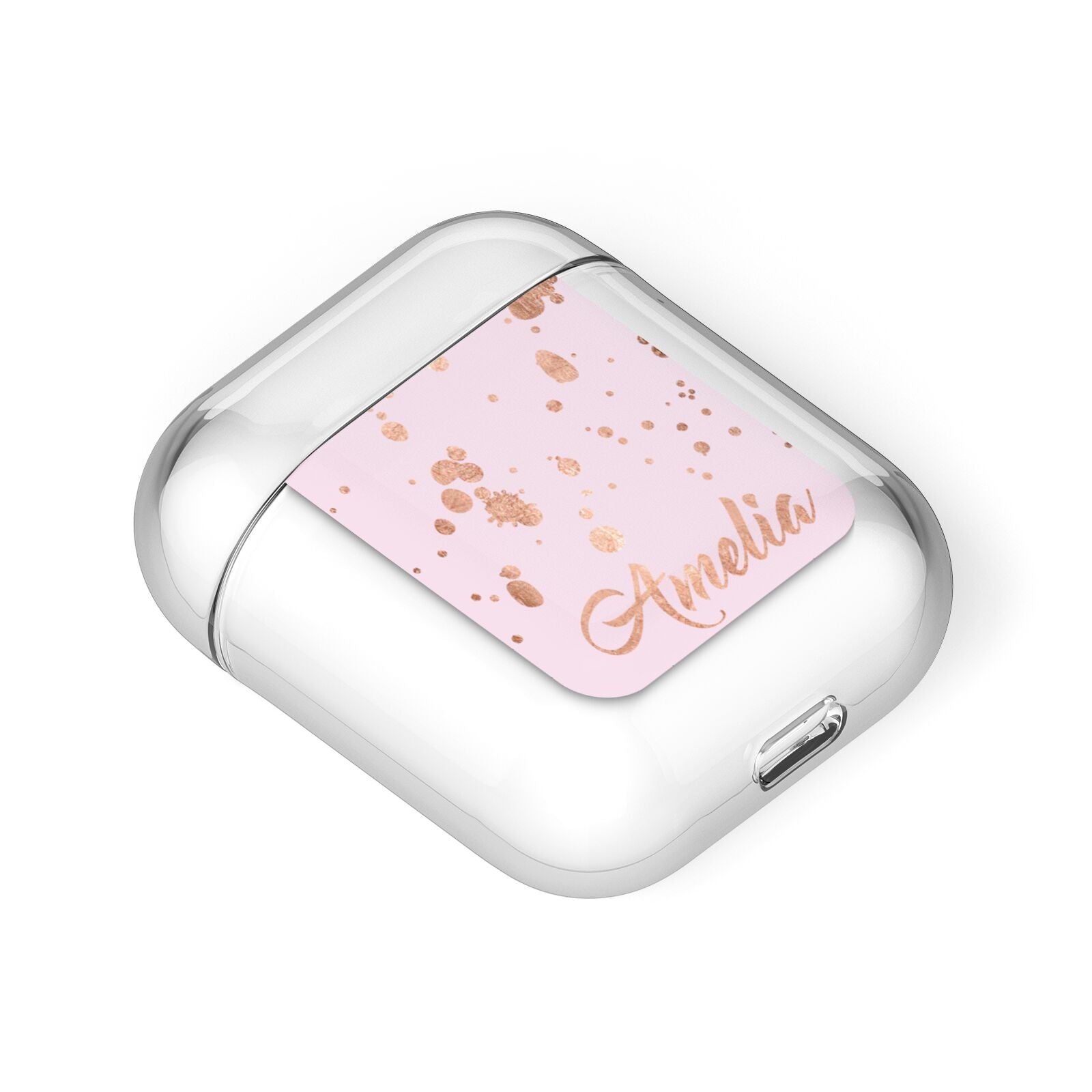 Personalised Pink Copper Splats Name AirPods Case Laid Flat