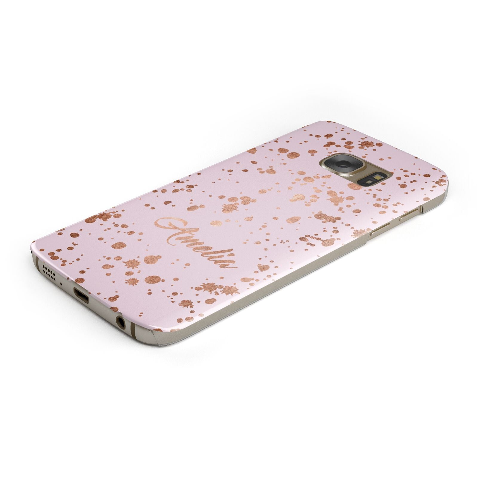 Personalised Pink Copper Splats Name Protective Samsung Galaxy Case Angled Image