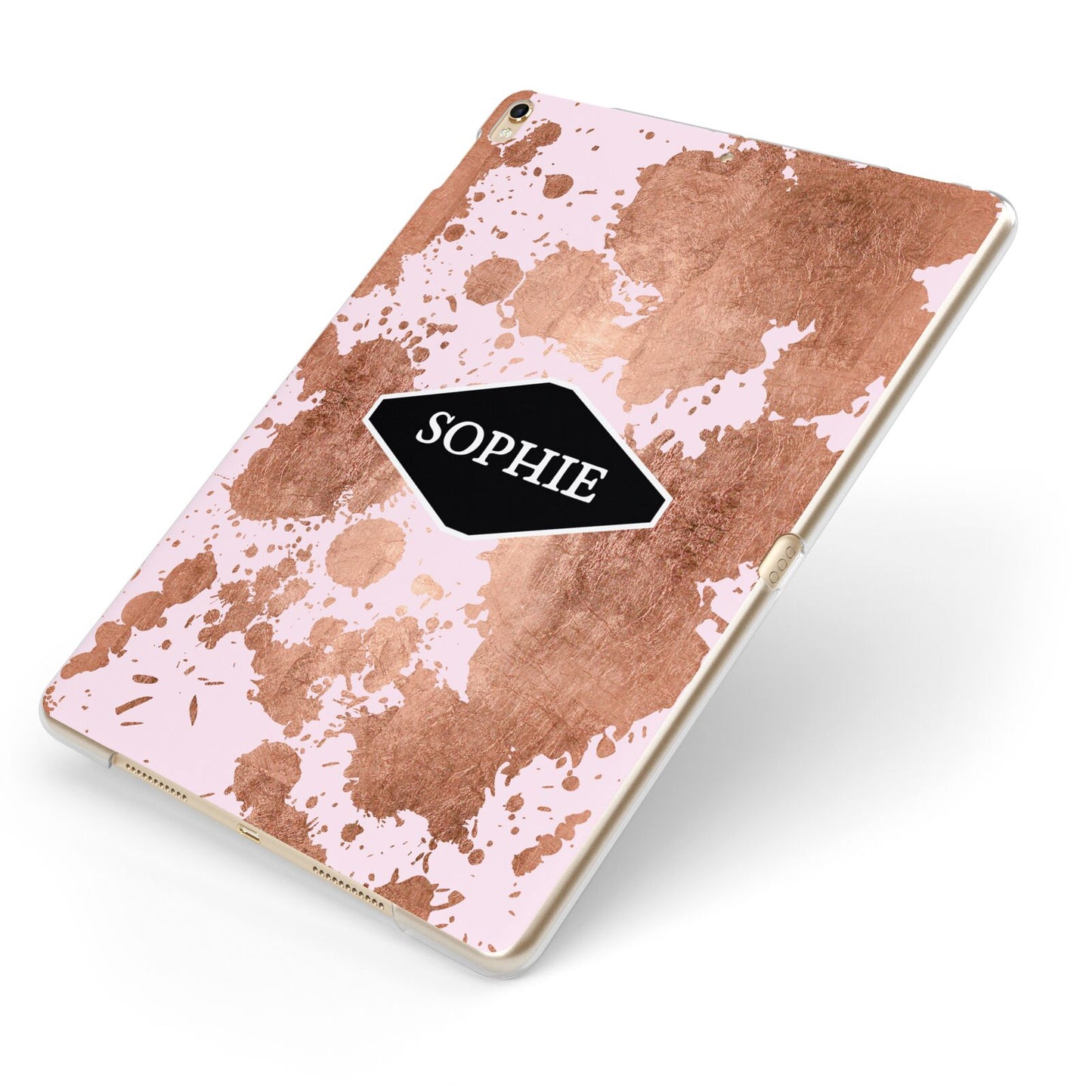 Personalised Pink Copper Splatter Name Apple iPad Case on Gold iPad Side View