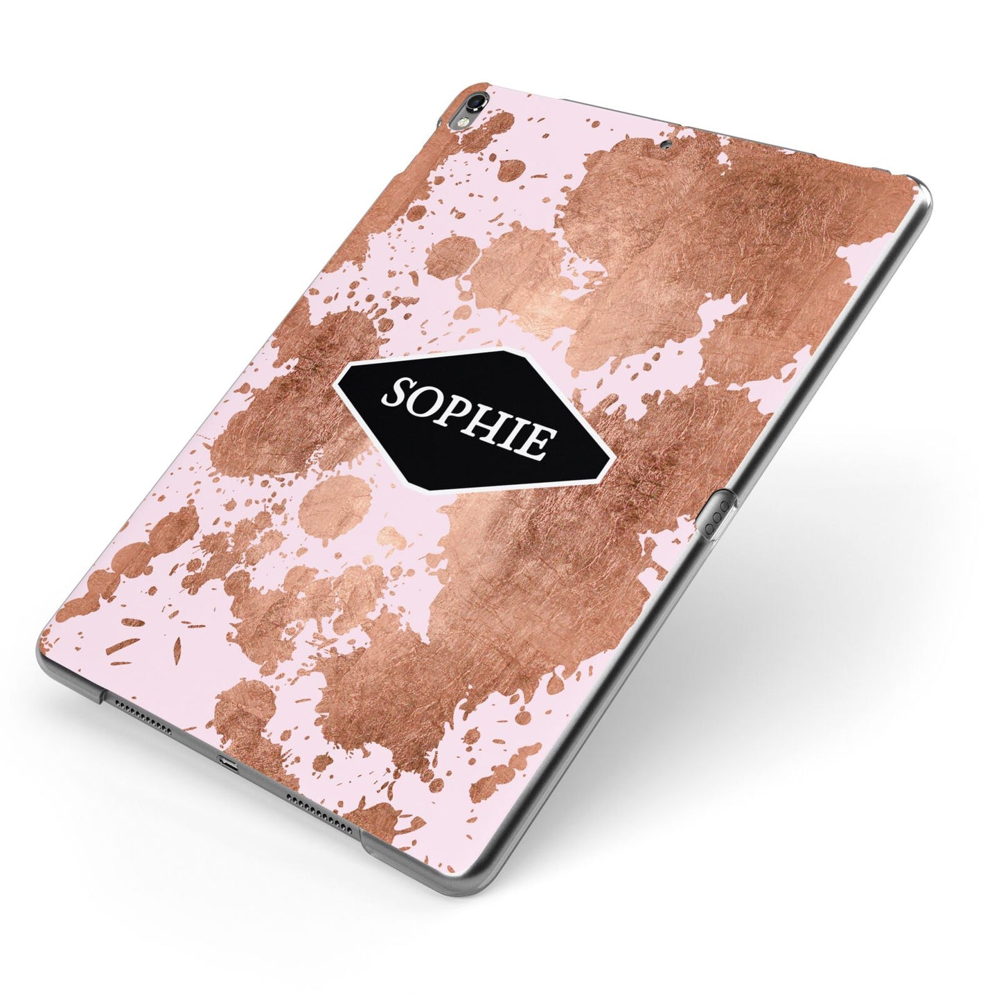 Personalised Pink Copper Splatter Name Apple iPad Case on Grey iPad Side View